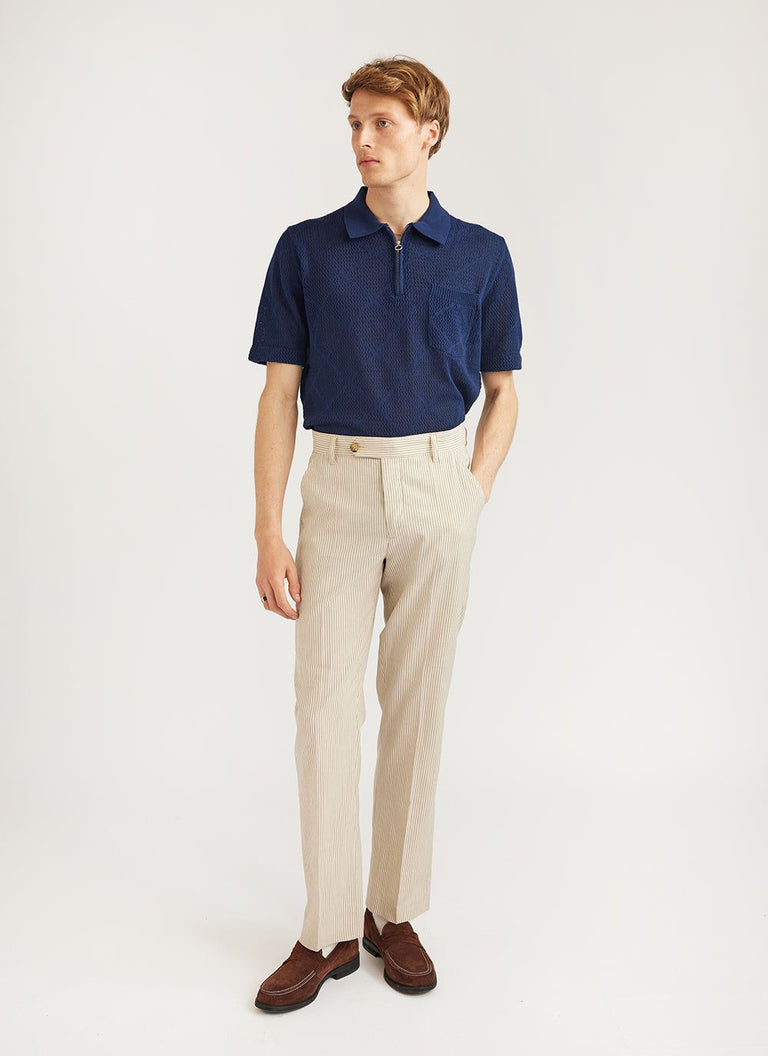 Men's Knitted Zip Polo Shirt | Nawa | Navy | Percival Menswear