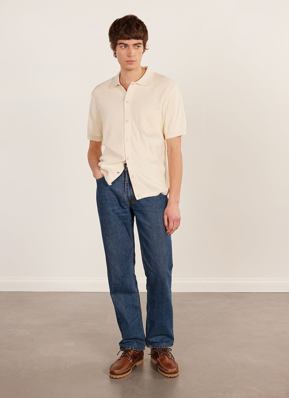 Men's Short Sleeve Knitted Shirt | Cuban Collar | Cream | Percival