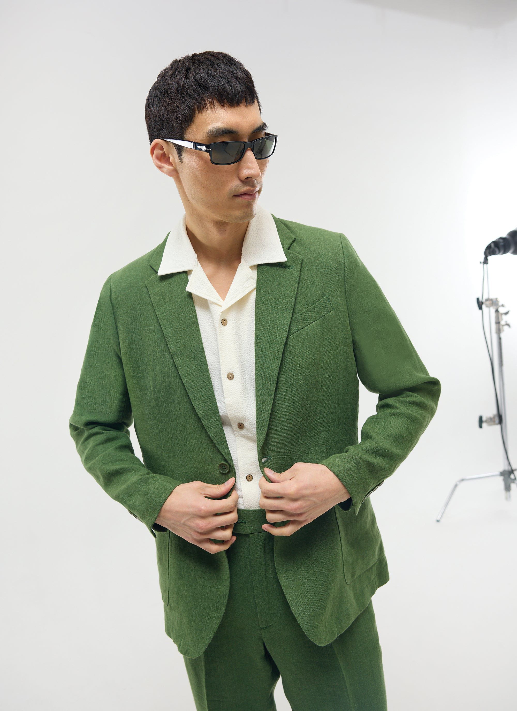 Men s Linen Blazer Suit Jacket Forest Green Percival Menswear Men s Linen Blazer Suit Jacket Forest Green Percival Menswear