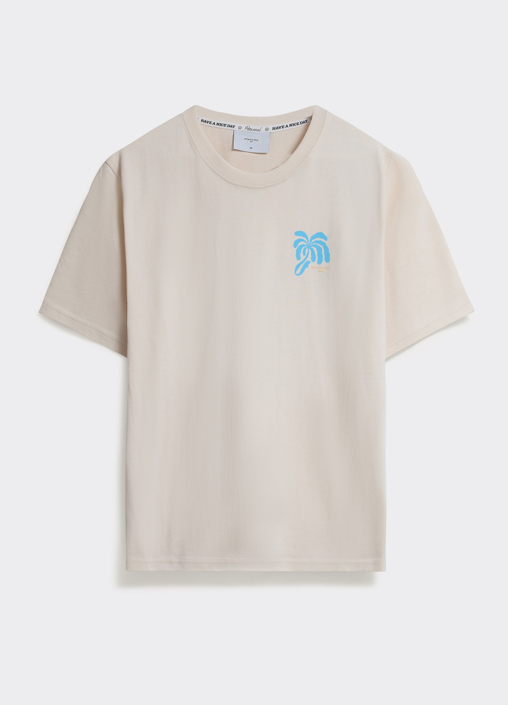 Off-white cotton Percival Palms T Shirt featuring a blue palm tree graphic, shown flat against a light background.