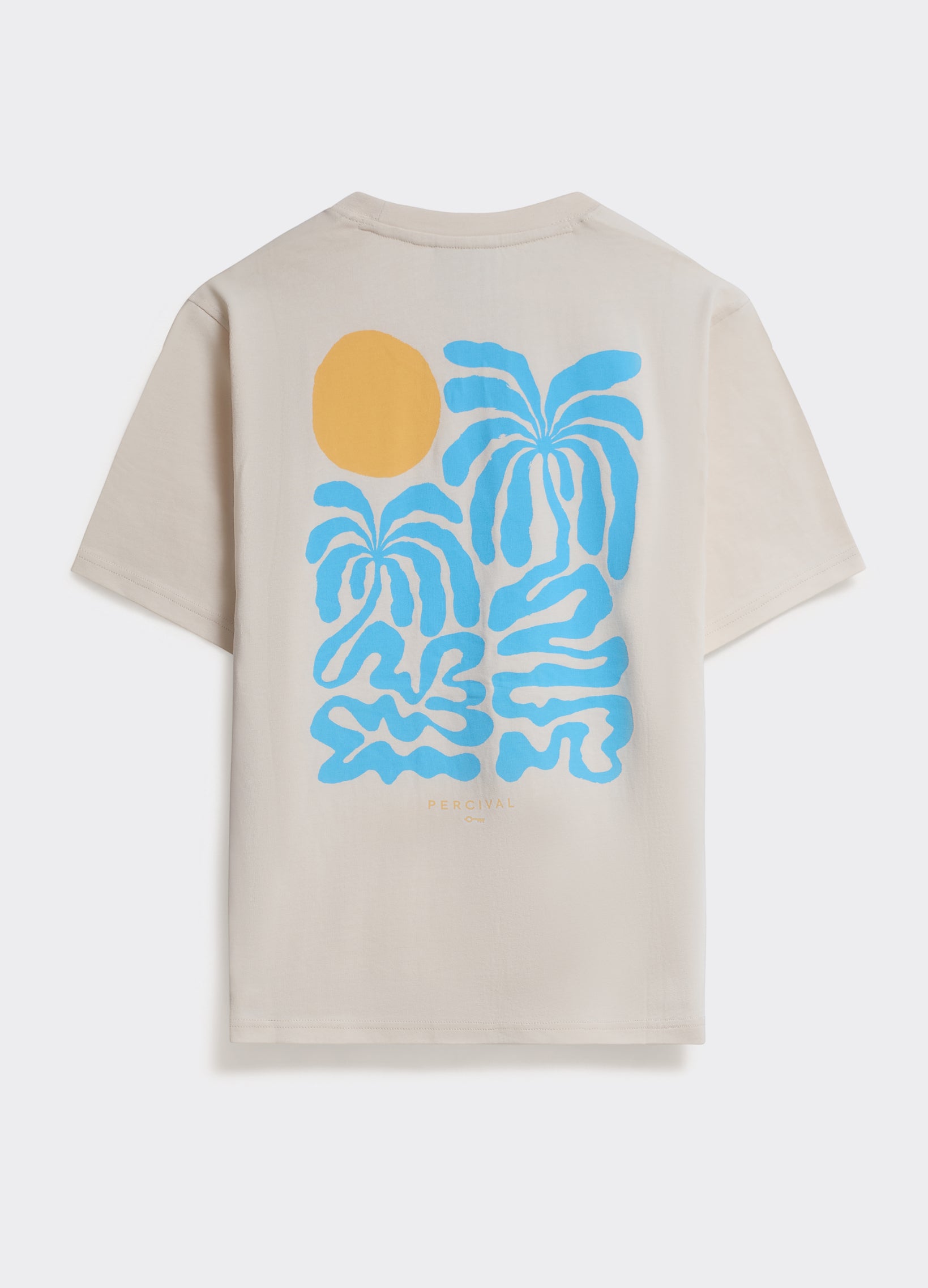 Off white Percival cotton T-shirt featuring a large blue and yellow graphic of palms and a sun on the back.