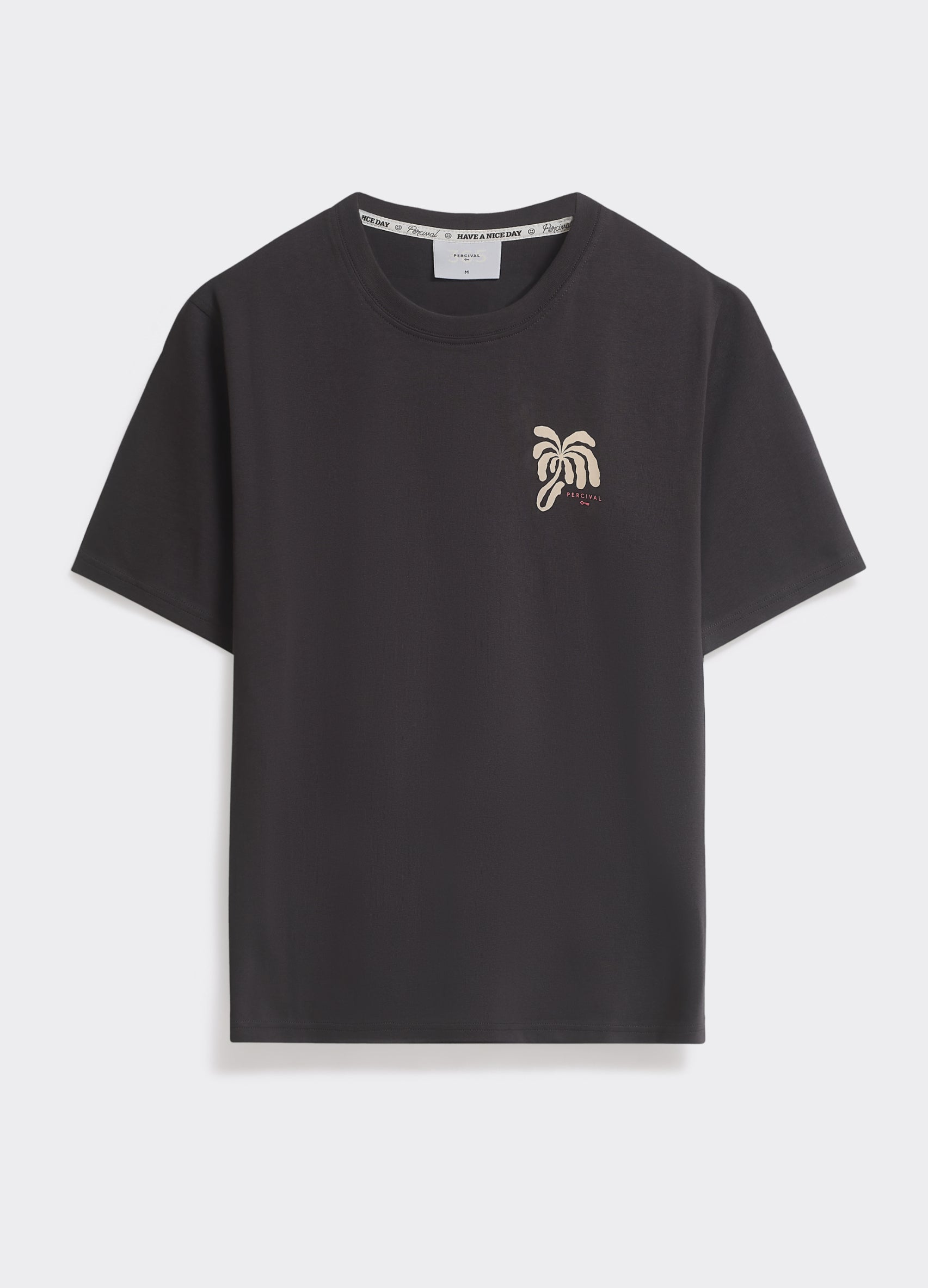 The Percival Palms T-Shirt in washed black, a cotton jersey crew neck featuring a small palm tree chest print.