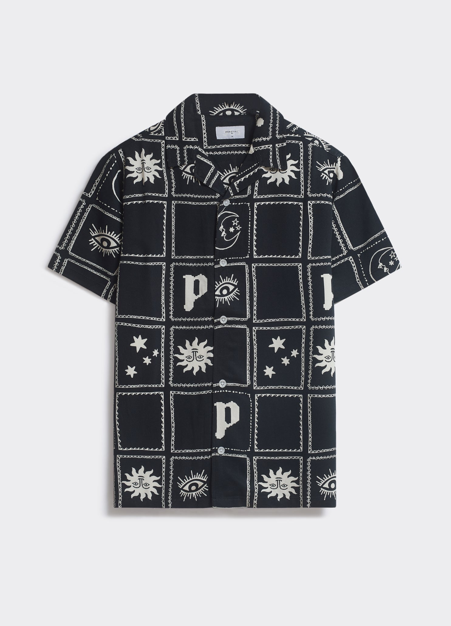 The black Percival Panels Shirt featuring ecru celestial artwork and a Cuban collar, shown flat on a light background.
