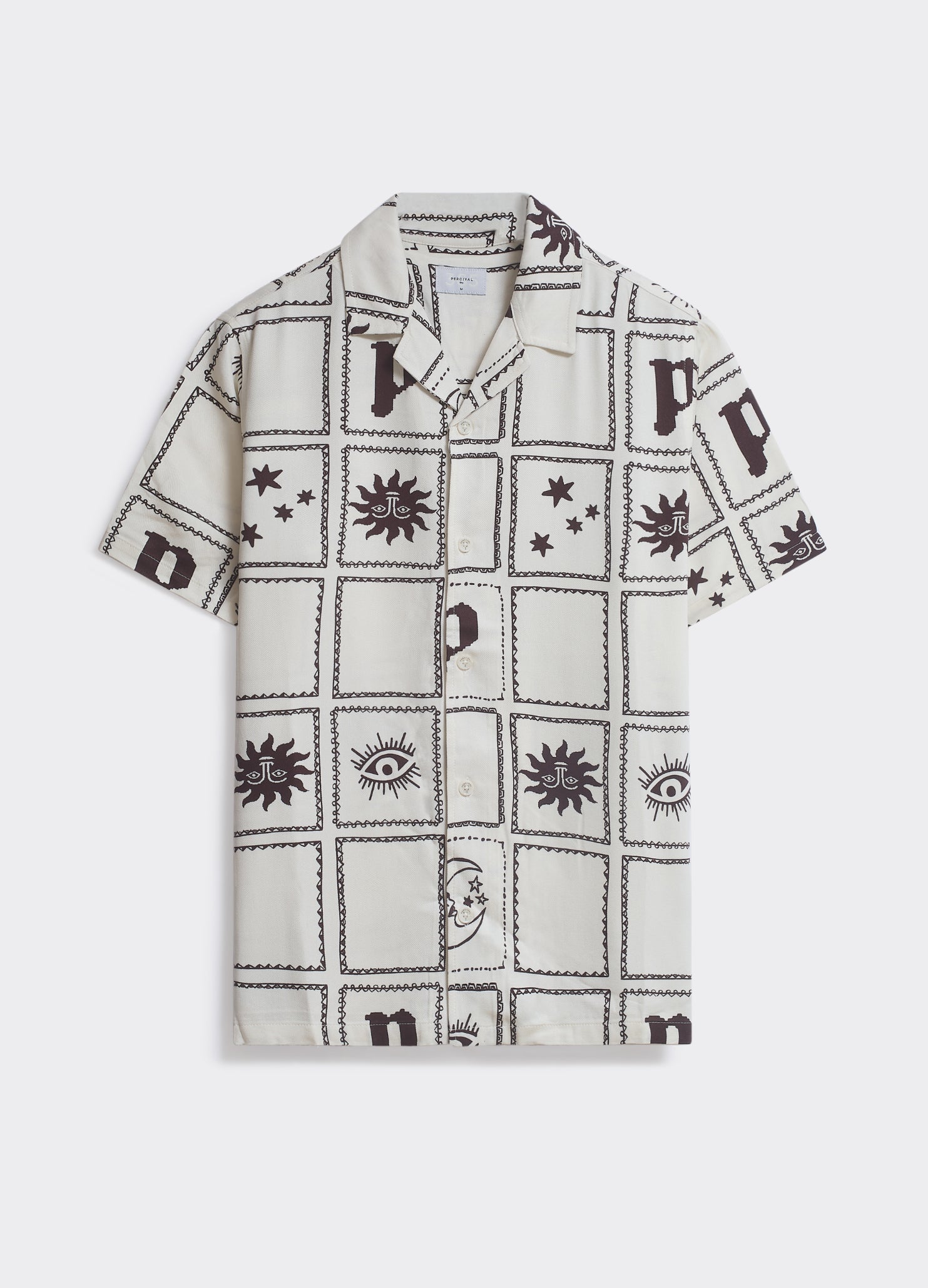 The Percival Panels Shirt in cream and brown, a camp collar style with an all-over tiled celestial print, shown flat.