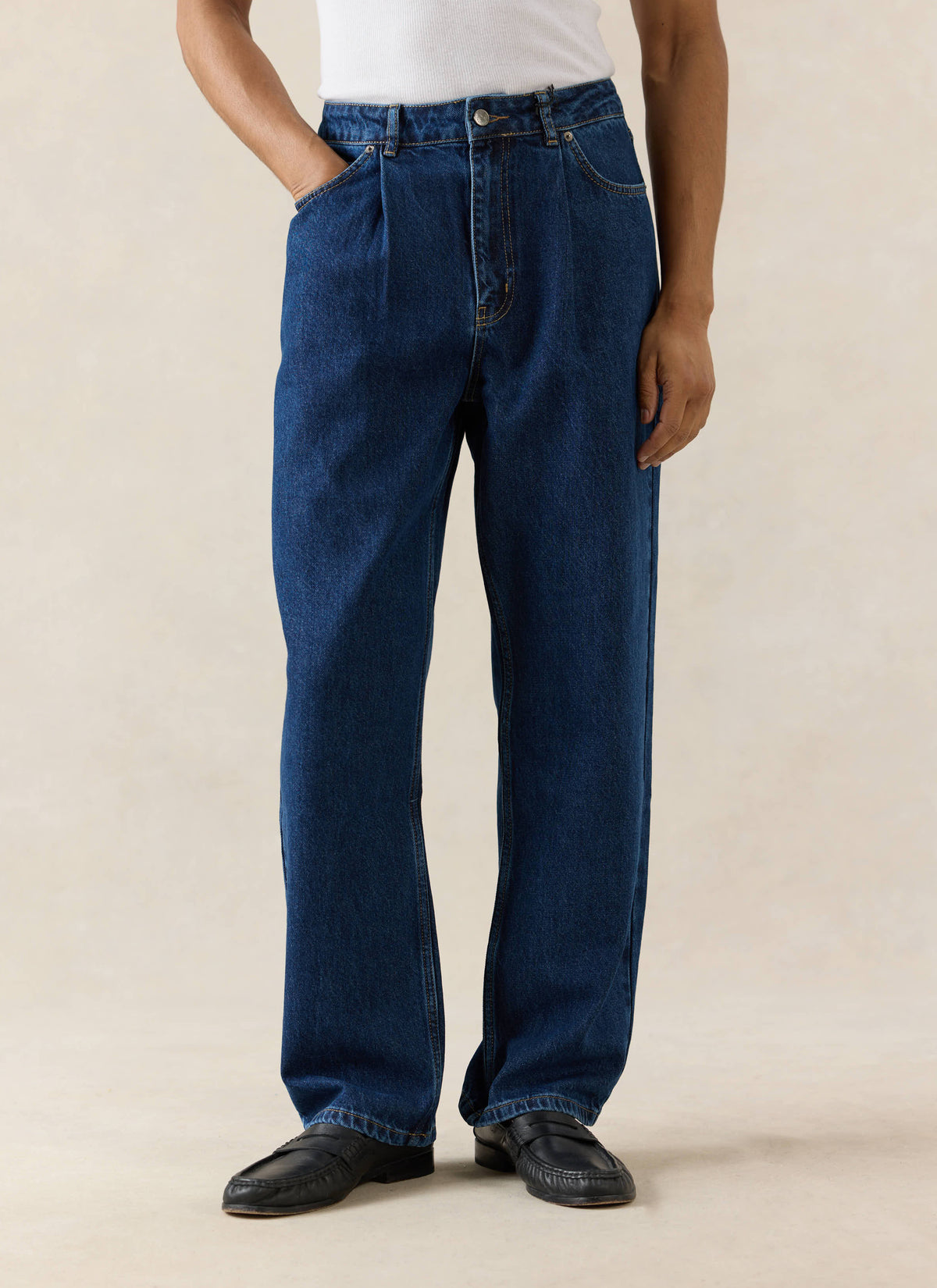 Pleated Denim Jeans | Cotton | Mid Wash Blue
