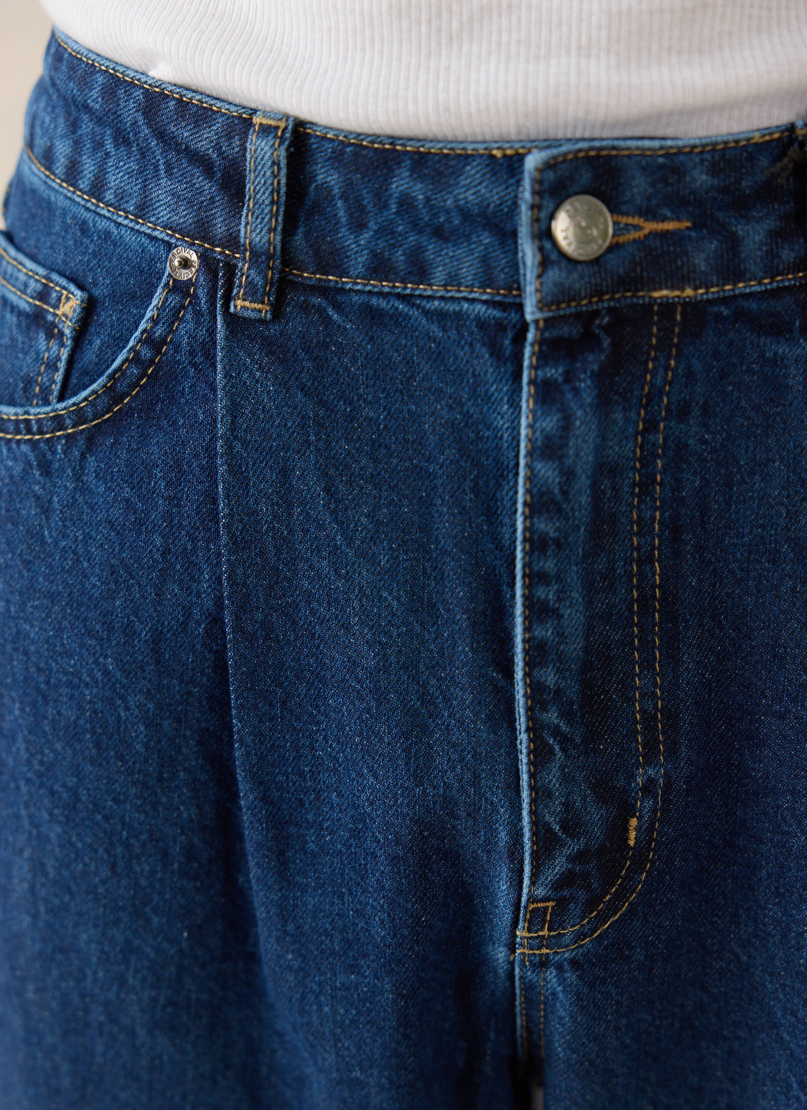 Percival Mid Wash Blue Pleated Denim Jeans in 12oz cotton, highlighting contrast stitching and the front pleat detail.