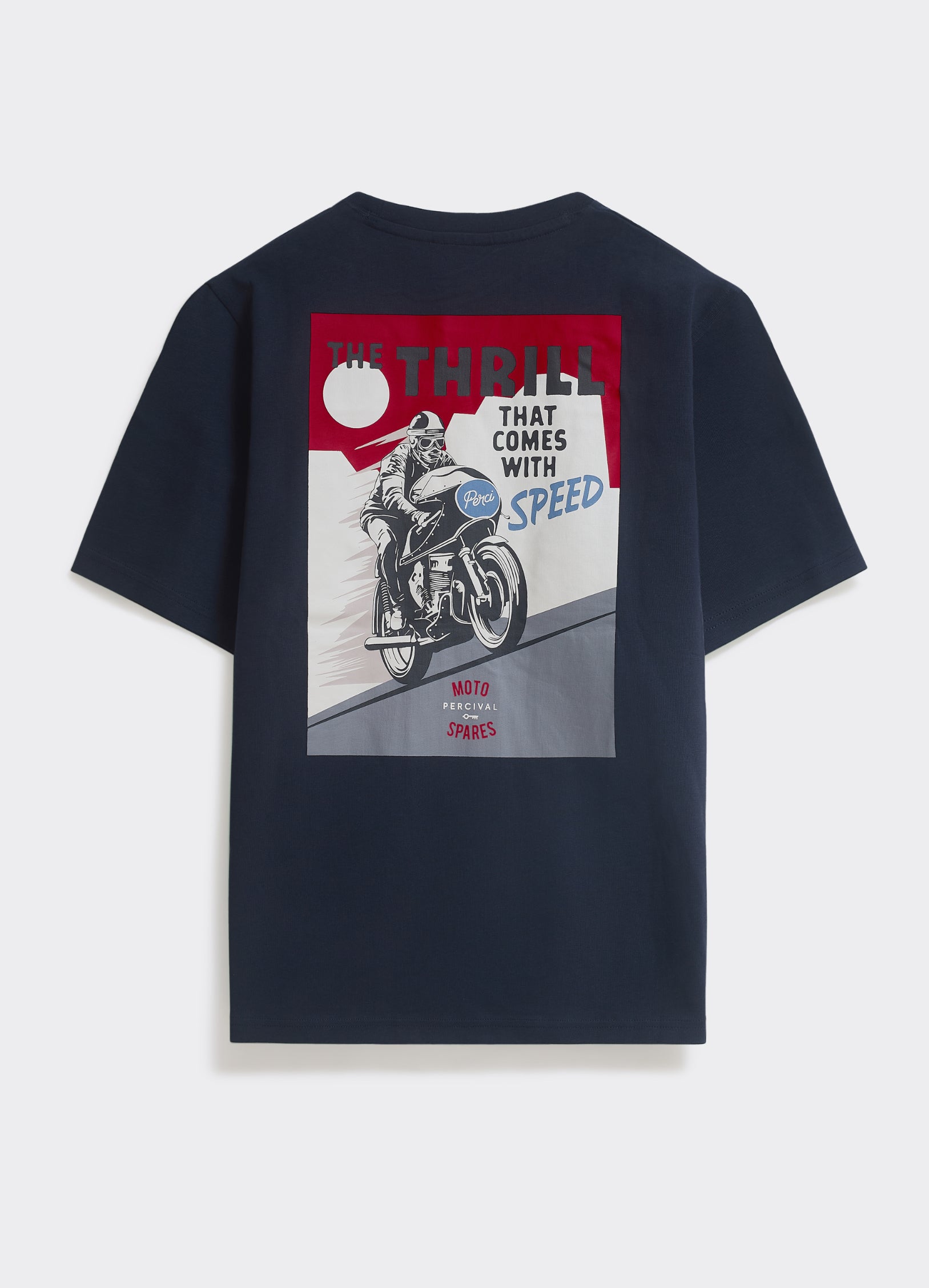 Back of the navy Percival Racer T-shirt in cotton jersey, featuring a vintage-style motorcycle poster graphic.