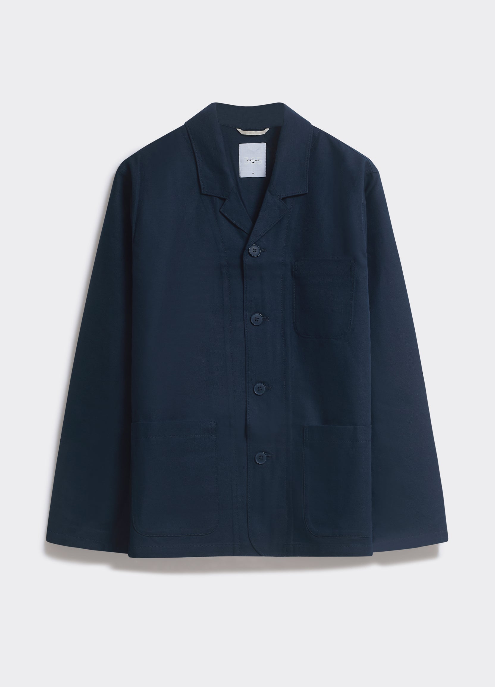 Navy Percival Revere Collar Blazer, an unstructured button-down jacket with three patch pockets, shown flat.