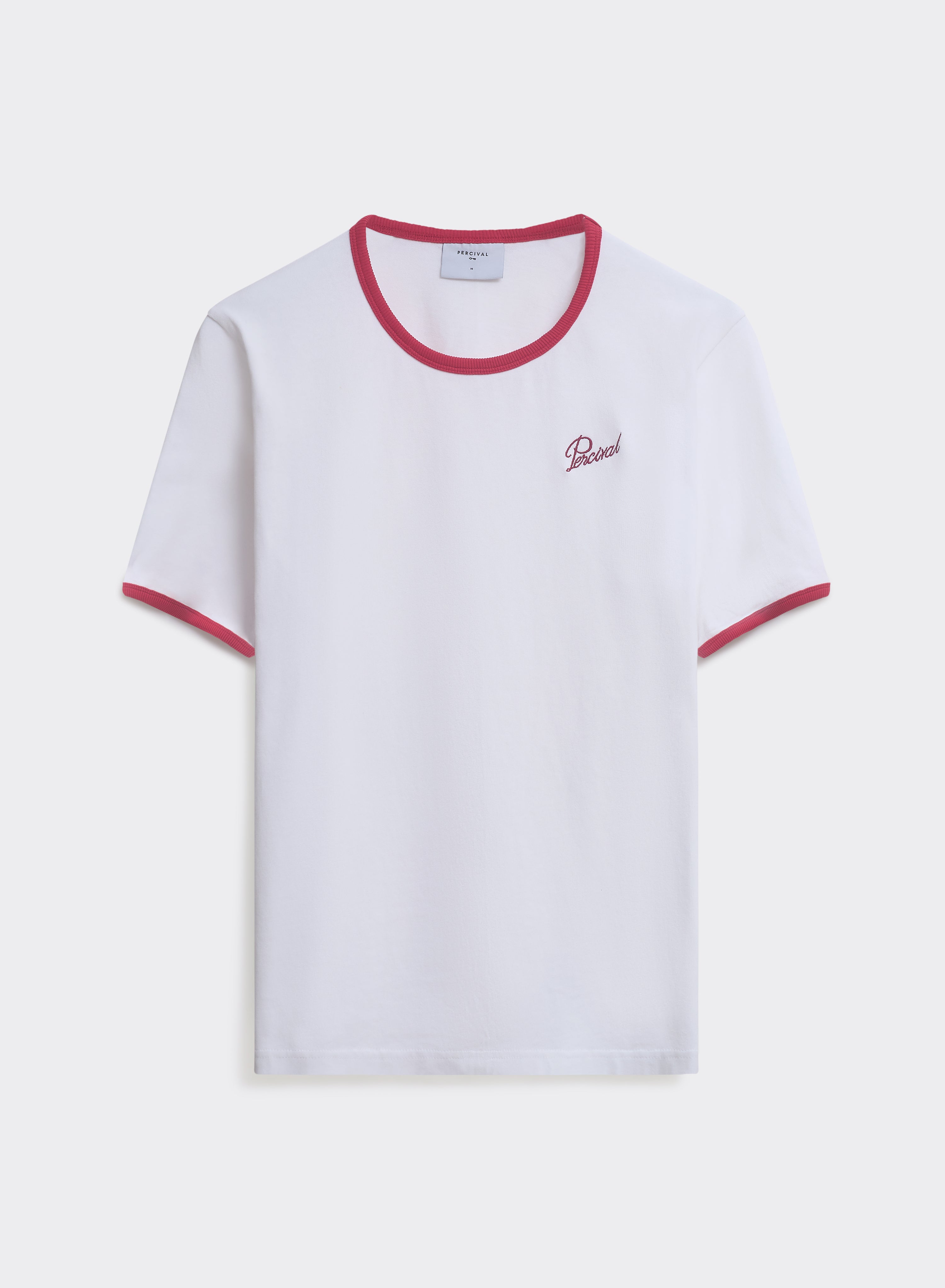 White Percival ringer t-shirt in organic cotton with red ribbed trims and script logo, shown flat.