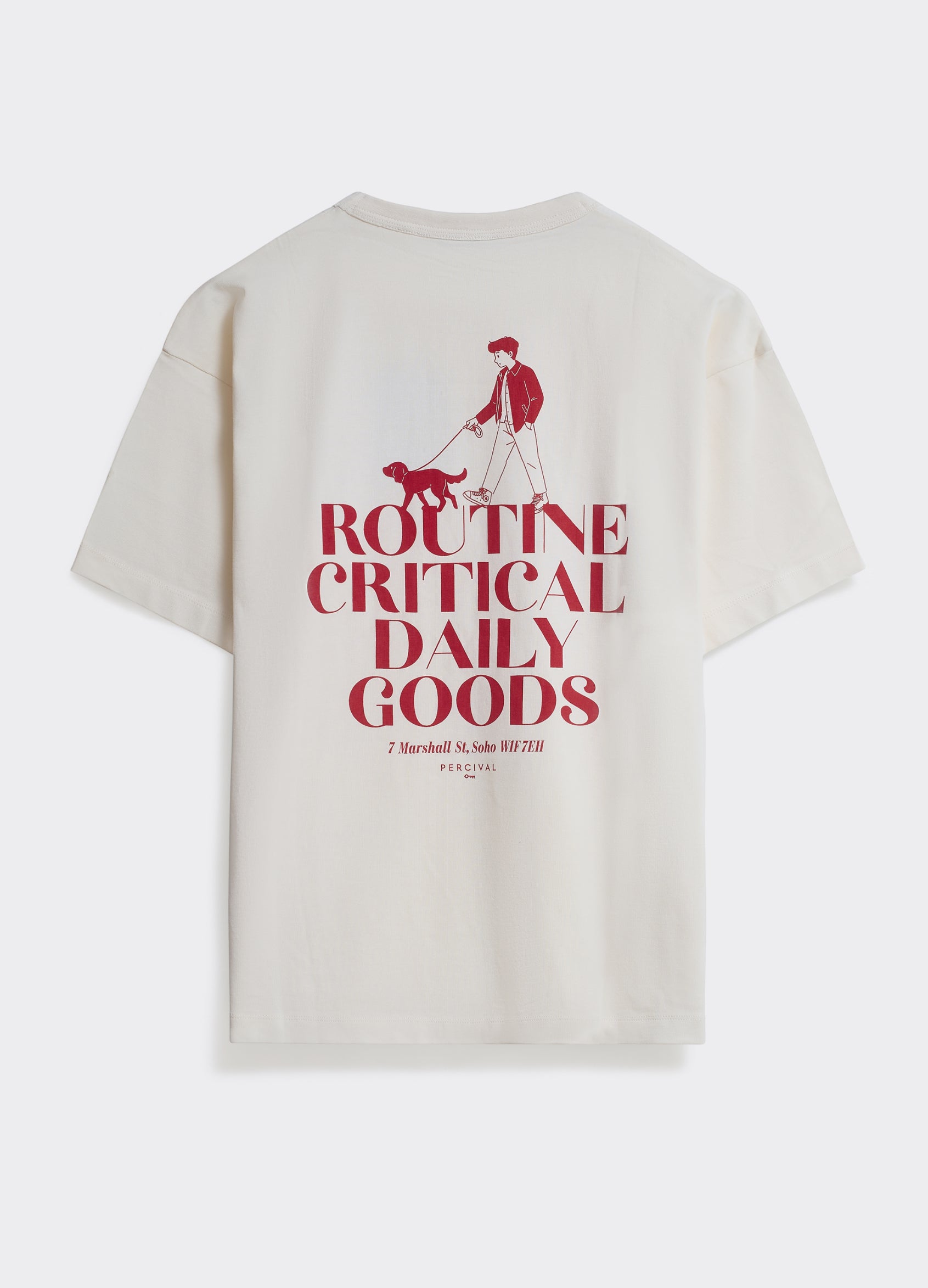 Off-white Percival Routine T-shirt in soft cotton jersey, featuring a red graphic back print of a man walking a dog.