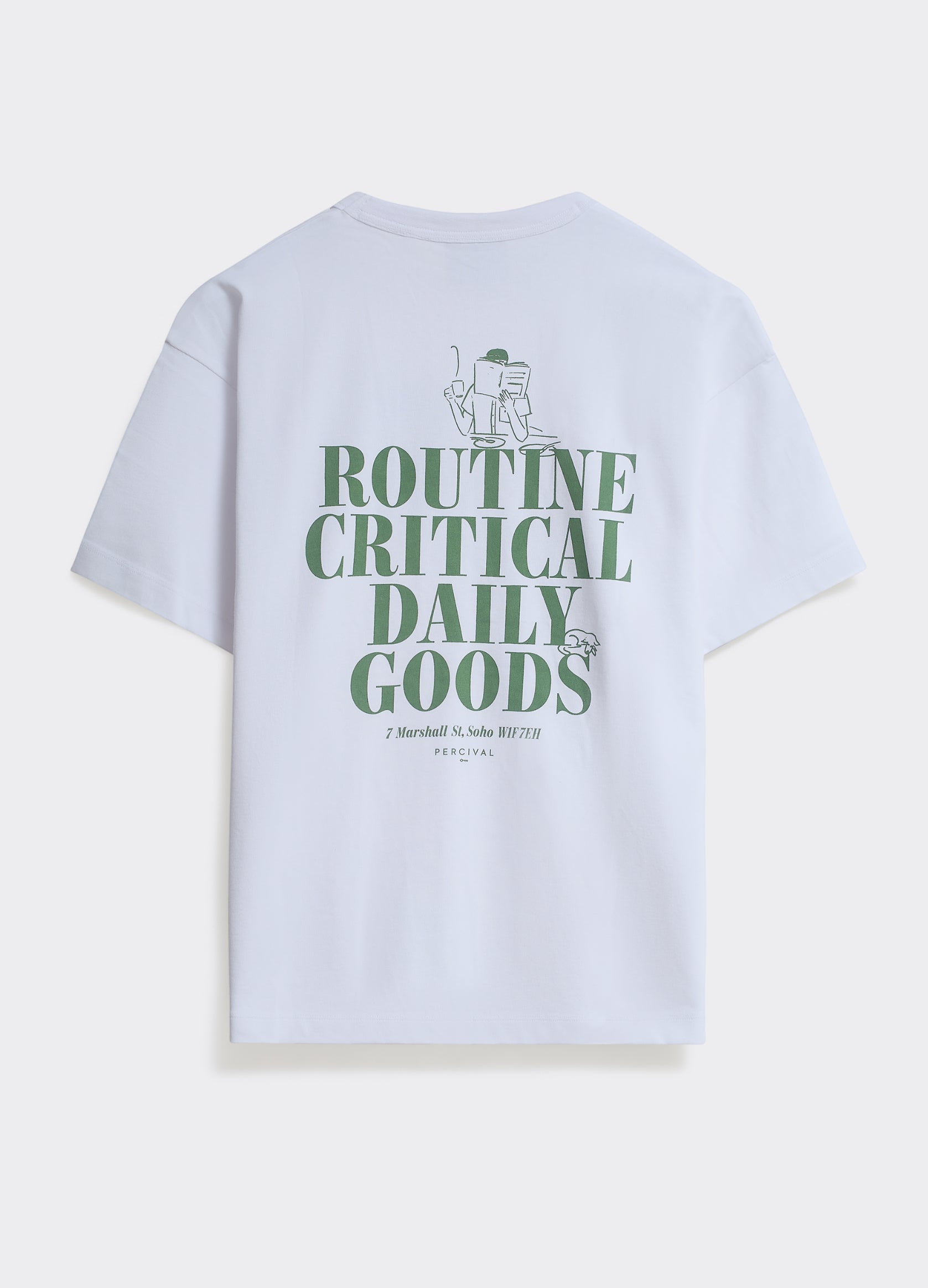 The optic white cotton Percival Routine T-Shirt, featuring a bold green 'Routine Critical Daily Goods' graphic on the back.