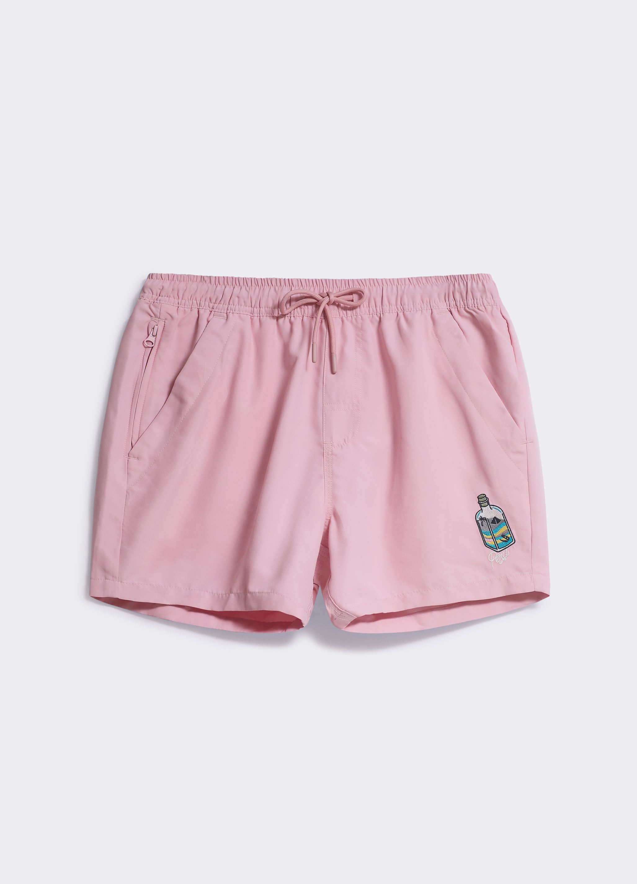 The Percival Sand Bottle Shorts in pink, featuring an elasticated drawcord waist and custom bottle embroidery.