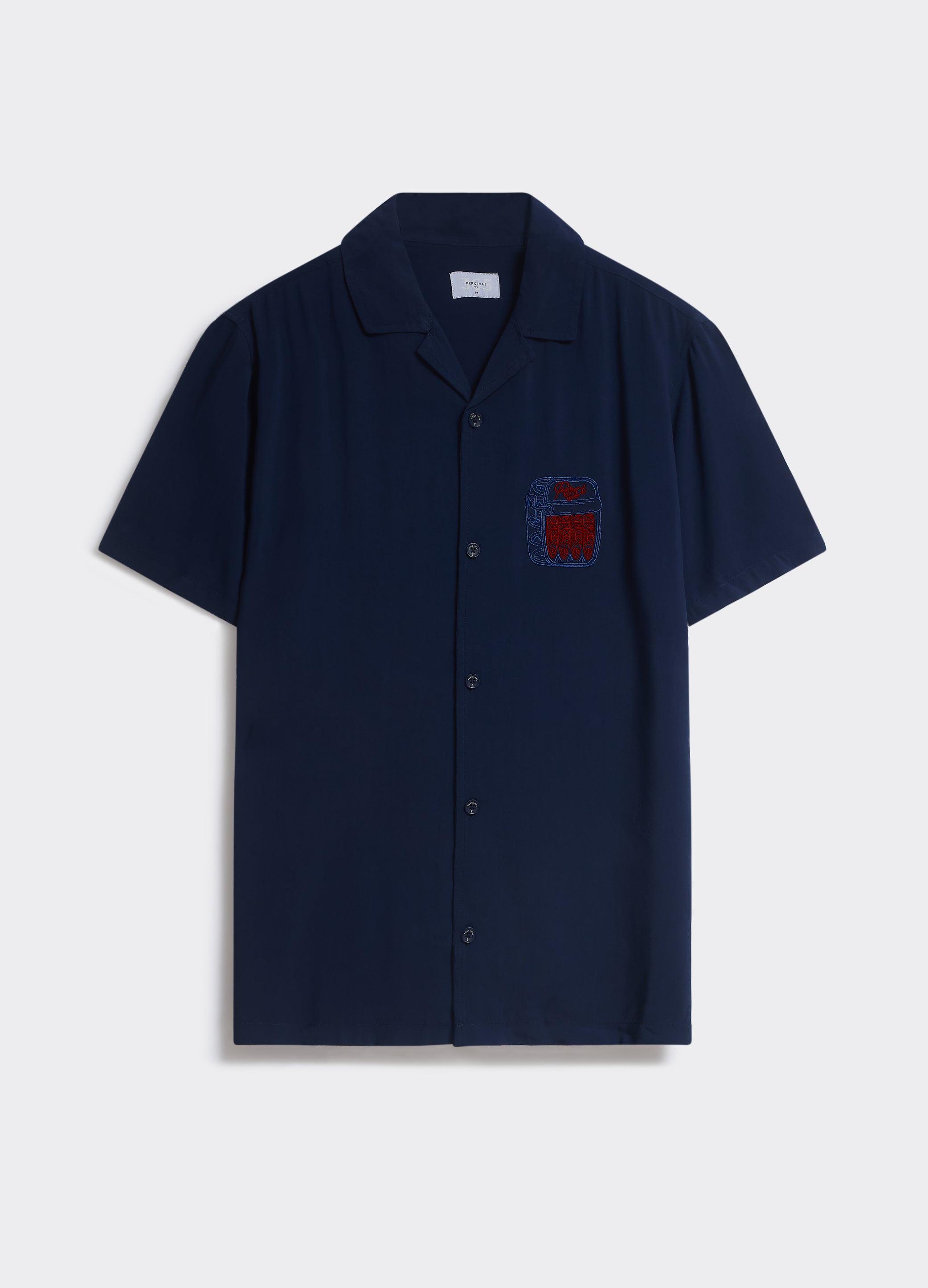 The navy Percival Sardines Shirt, a short-sleeve camp collar style with chest embroidery, shown flat.