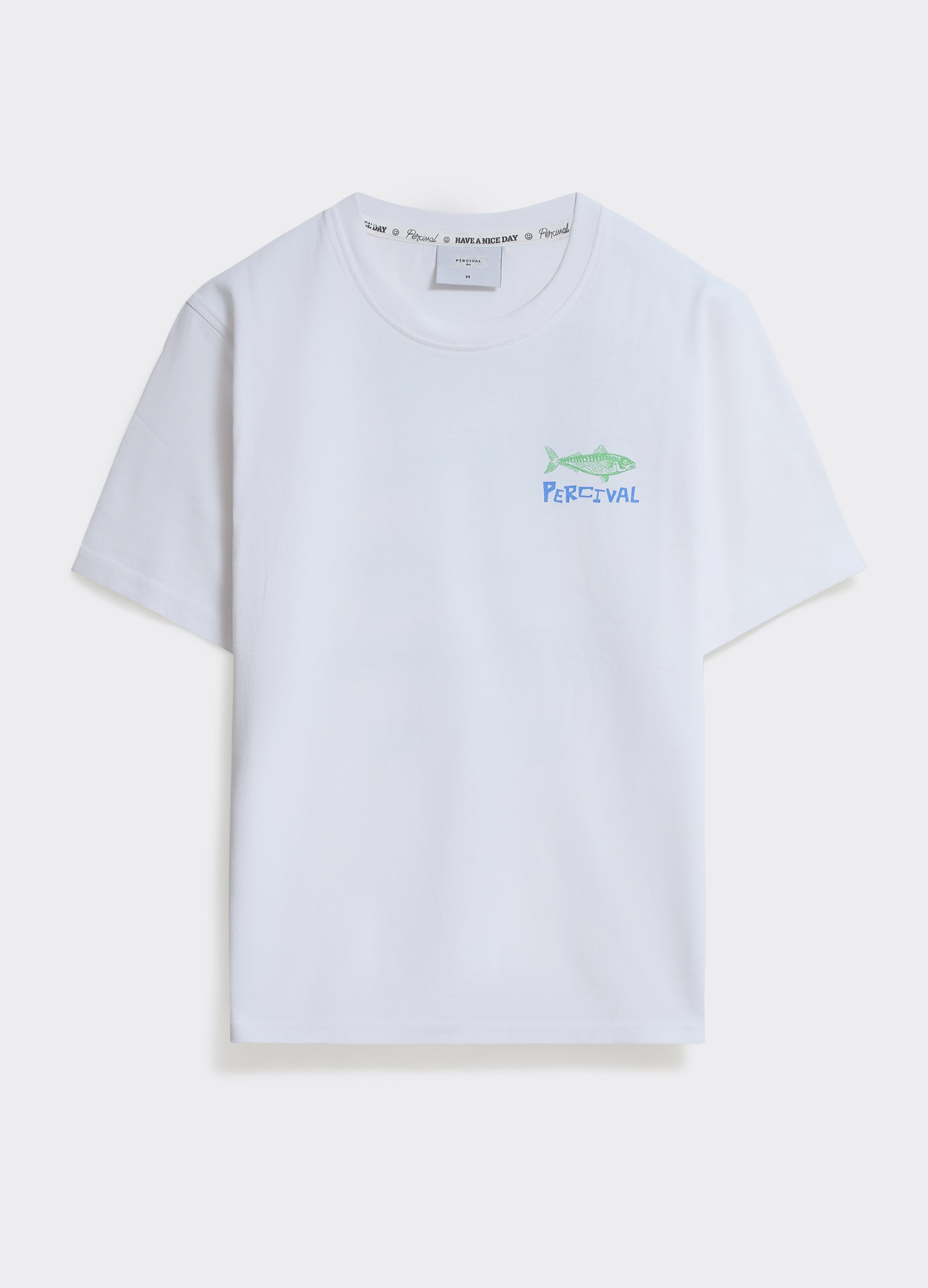 The Percival Sardines T-shirt in optic white cotton jersey, featuring a green fish chest graphic, shown flat.
