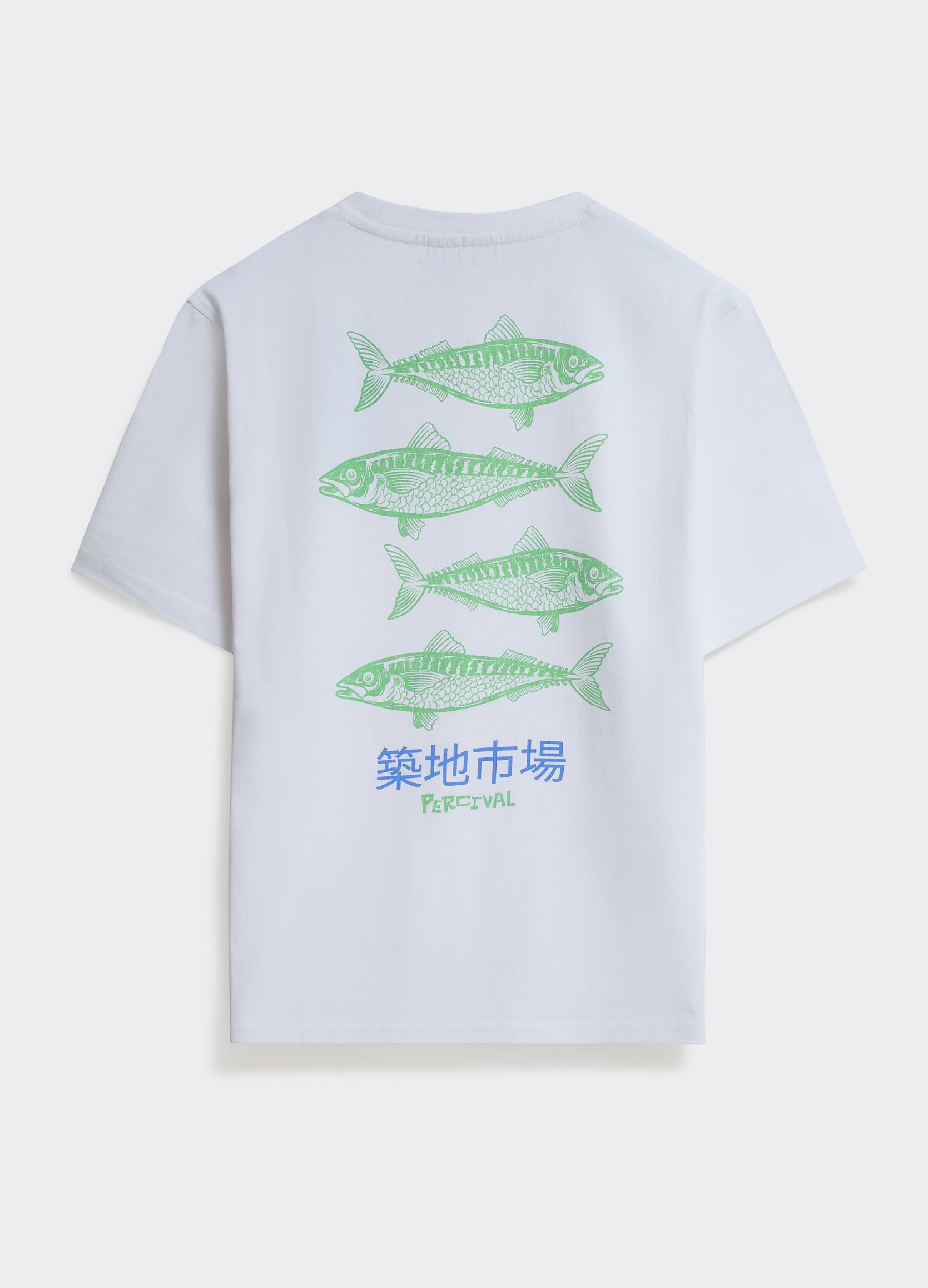 The Percival Sardines T-shirt in white cotton jersey, featuring a green fish and market graphic on the back.