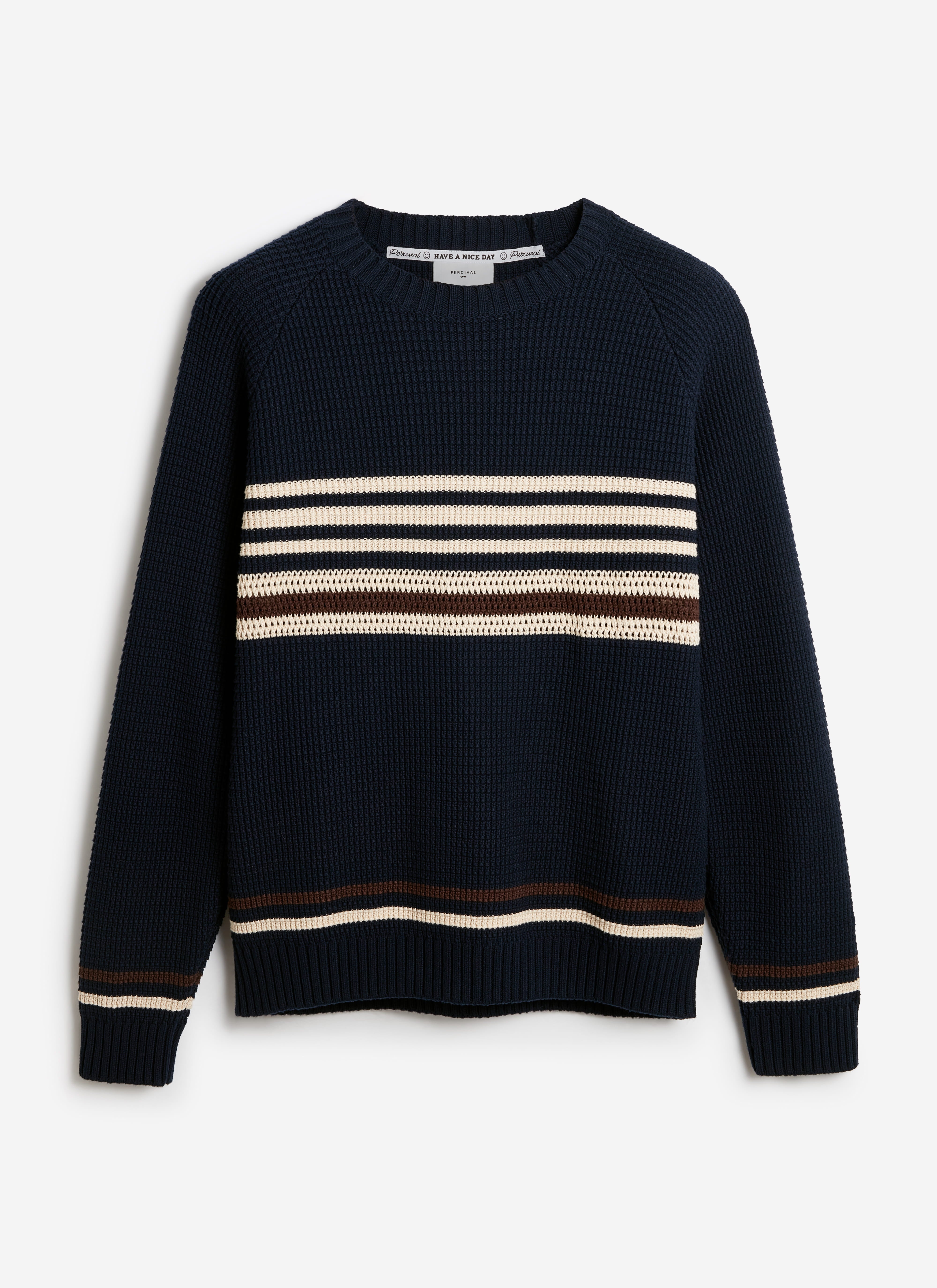 Navy cotton Percival Sergio Crochet Jumper with ecru and brown contrast stripes and a textured waffle knit finish.