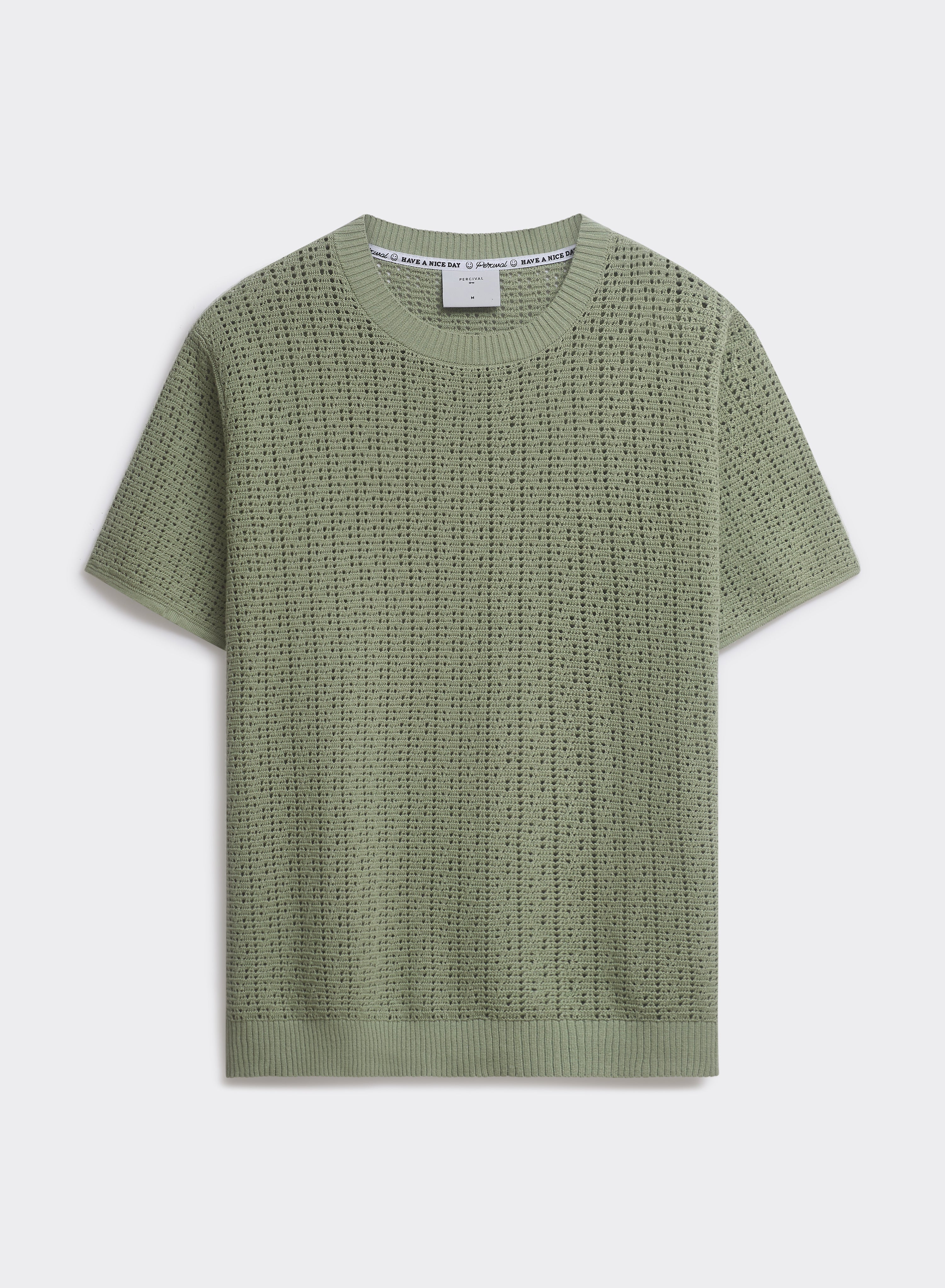 Pistachio green Percival Siena Knitted T Shirt, a 100% cotton pointelle knit tee with ribbed crew neck, shown flat.