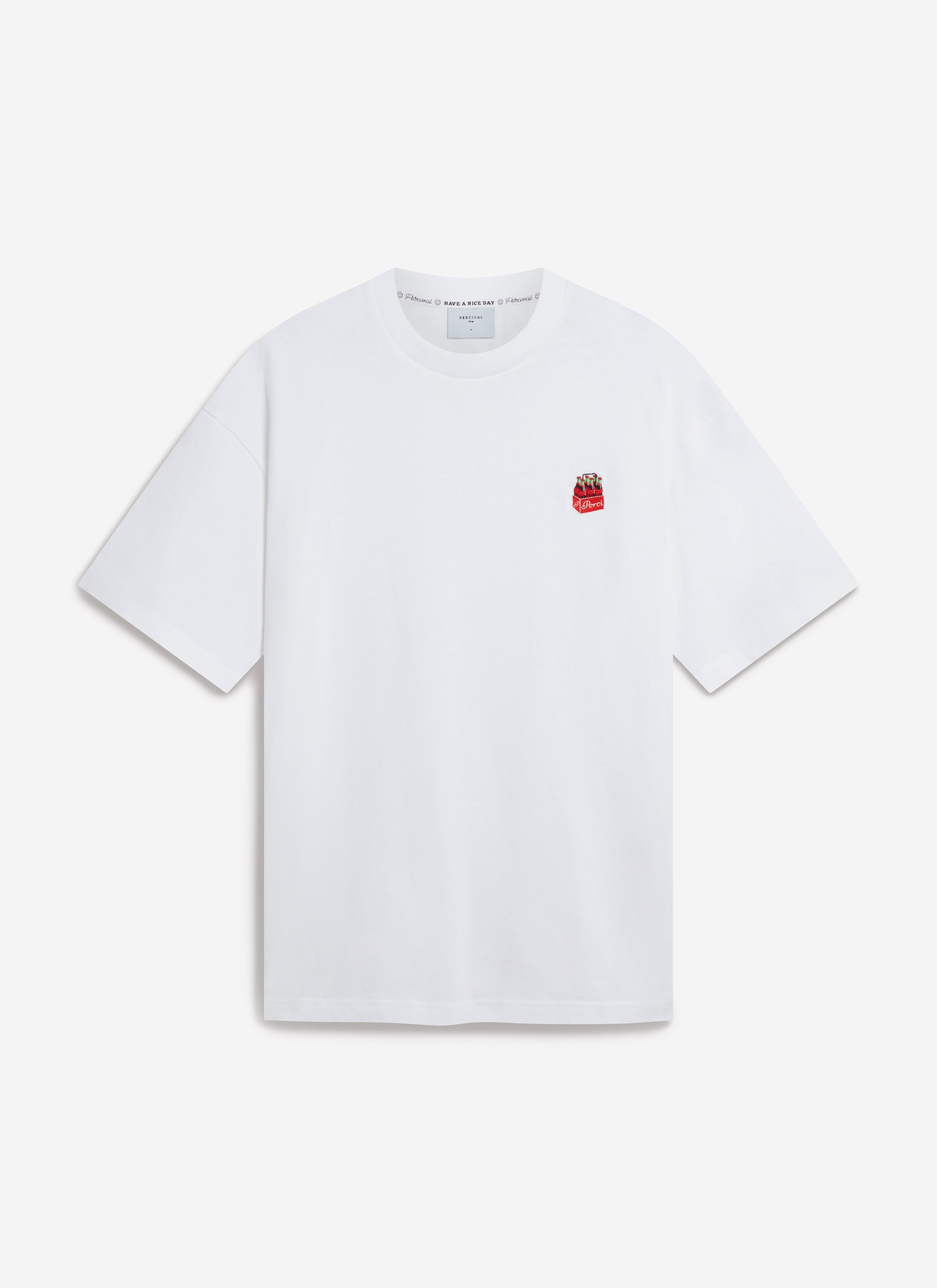 A flat lay of the Percival Soda Bottles oversized t-shirt in white, showing the 'Perci cola' chest embroidery.