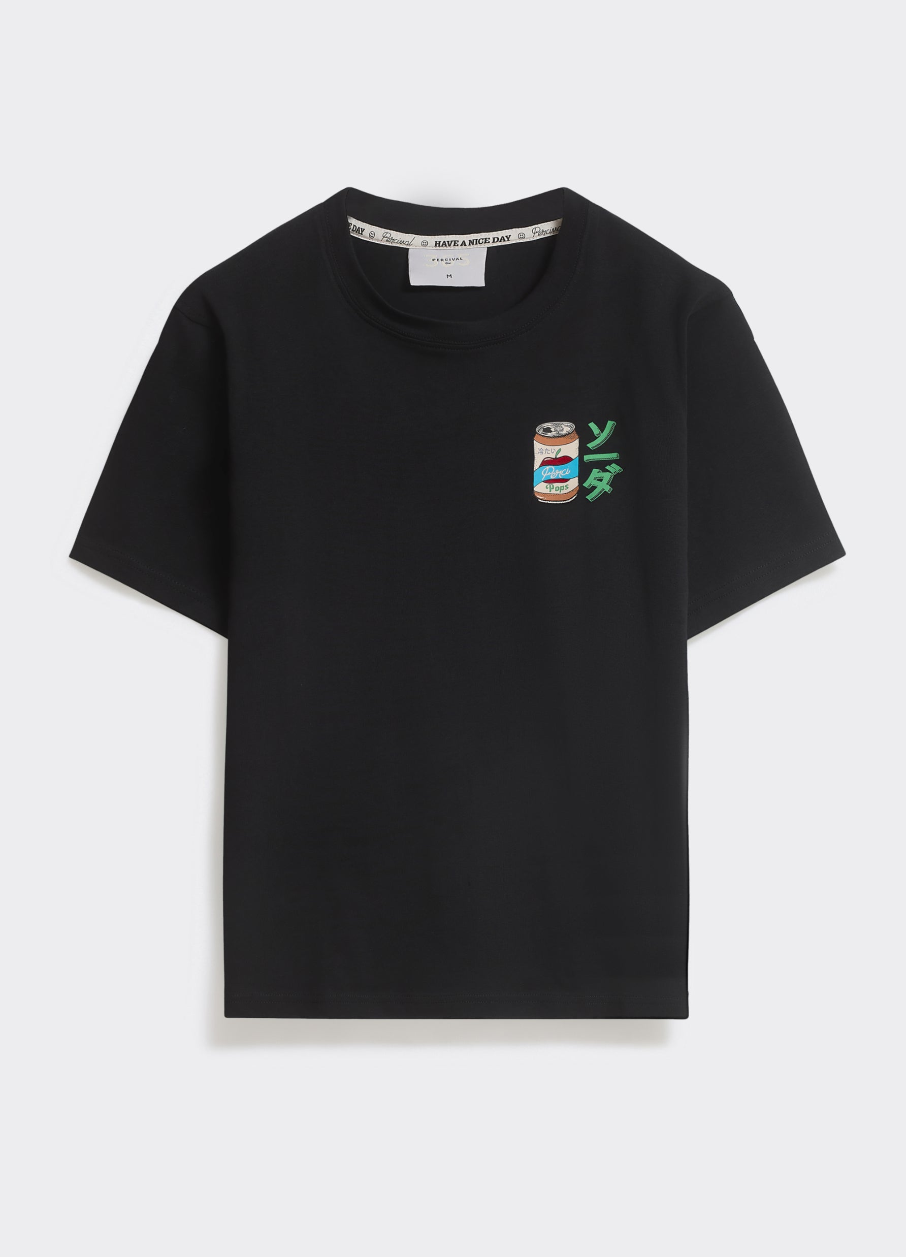 The black Percival Soda T-shirt in cotton jersey, featuring a Kyoto-can chest graphic, shown flat on a white background.