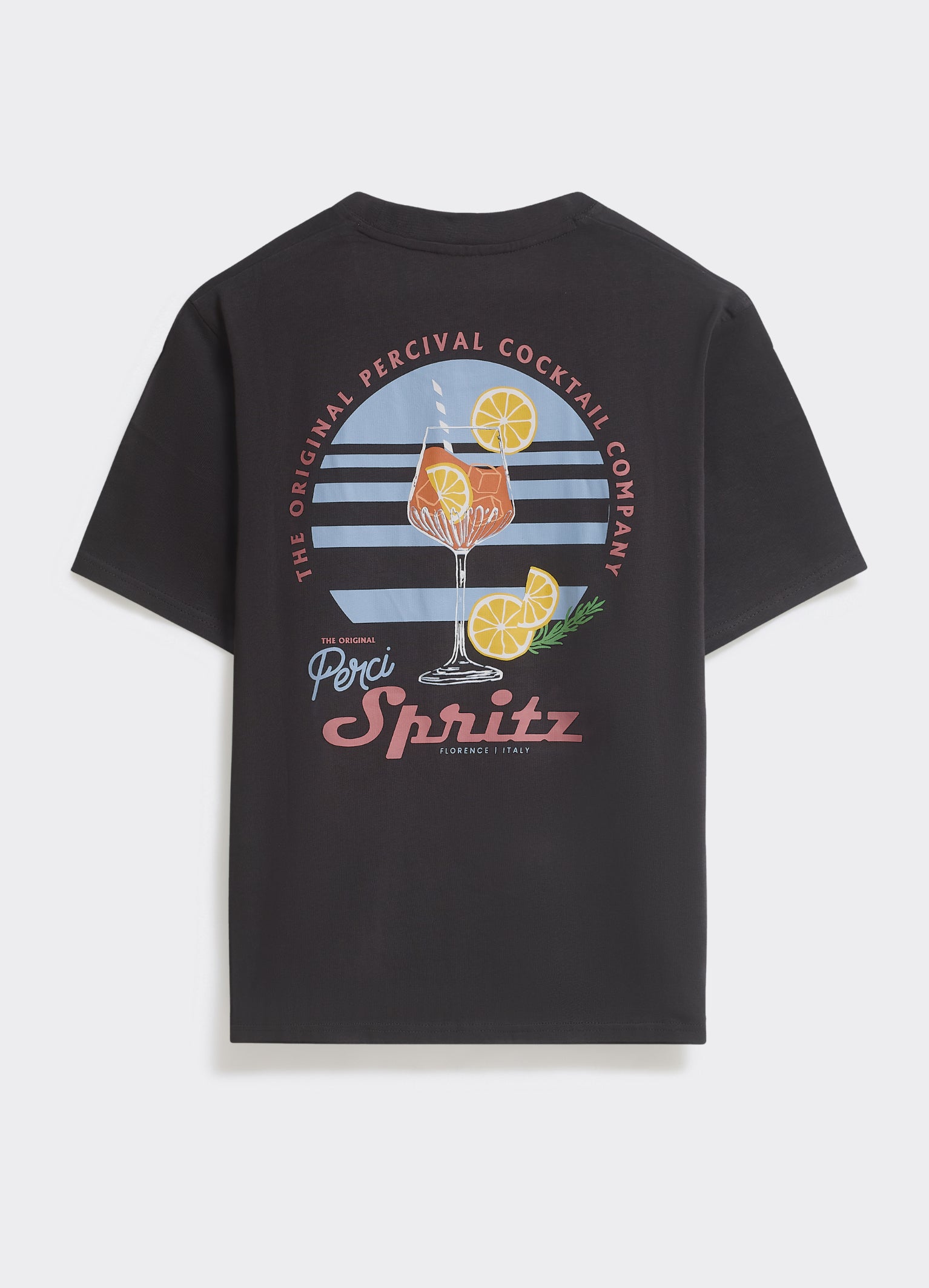 Washed black Percival Spritz T-shirt, showing the large back graphic of a vibrant cocktail glass and lemon slices.