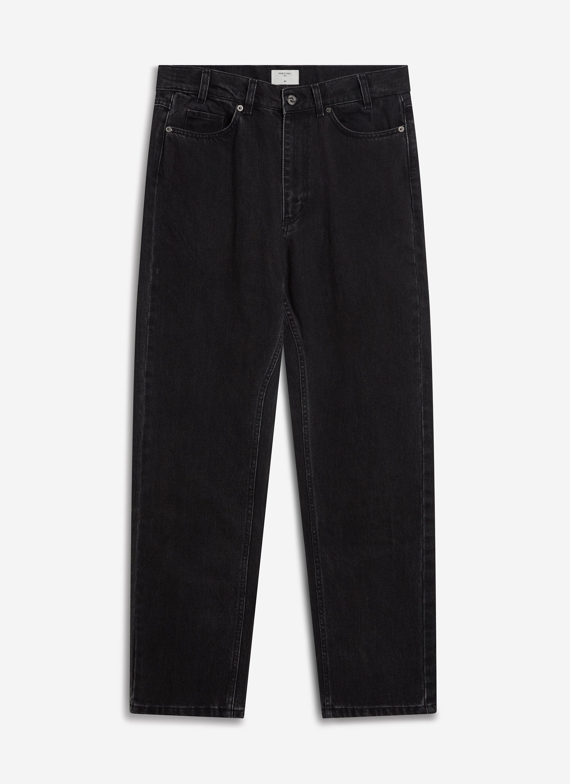 Black Percival straight leg heritage denim jeans in 14oz cotton, shown as a flat lay on a white background.