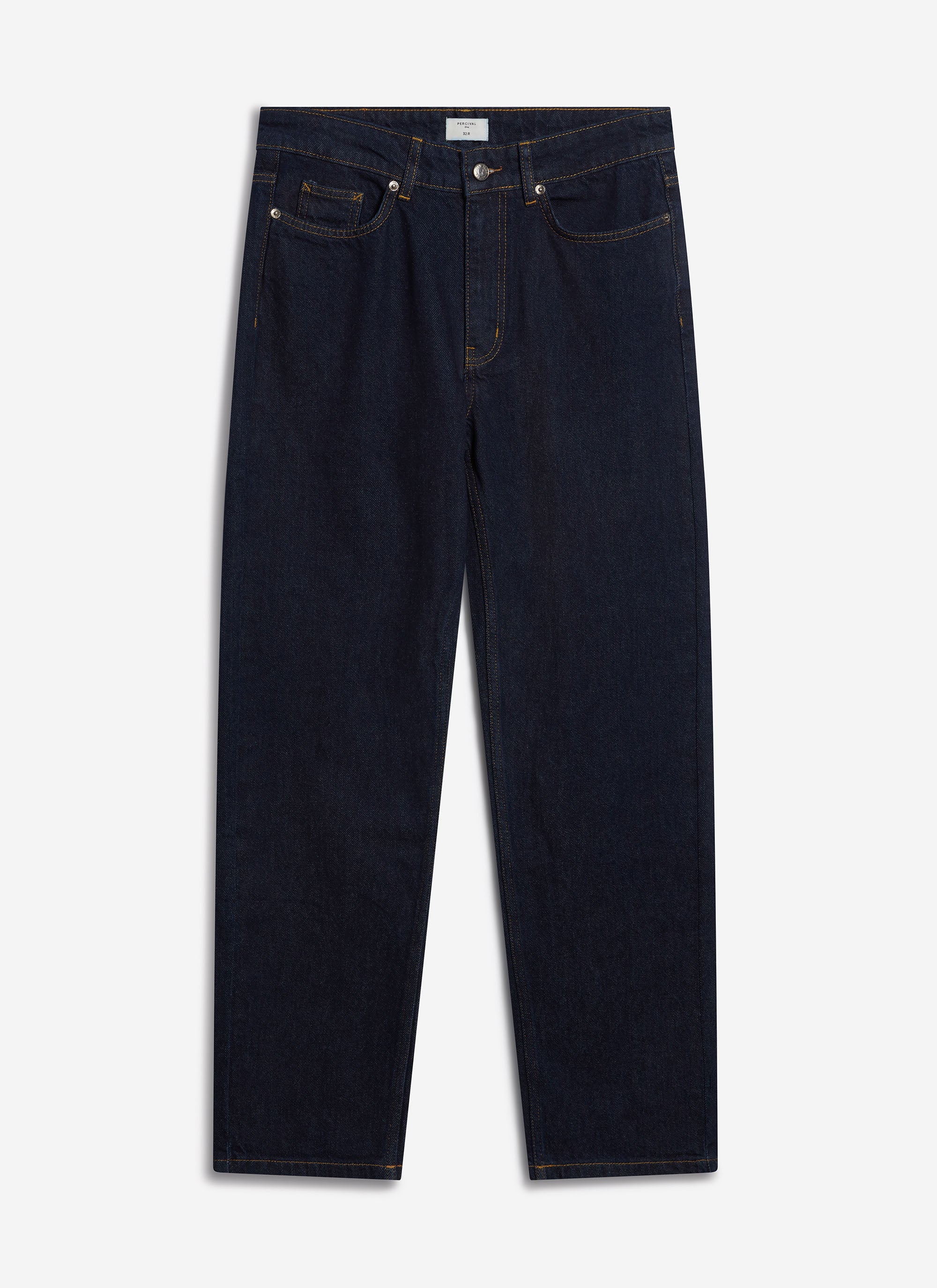 Percival straight leg heritage denim jeans in raw dark indigo cotton, featuring contrast stitching and a flat lay view.