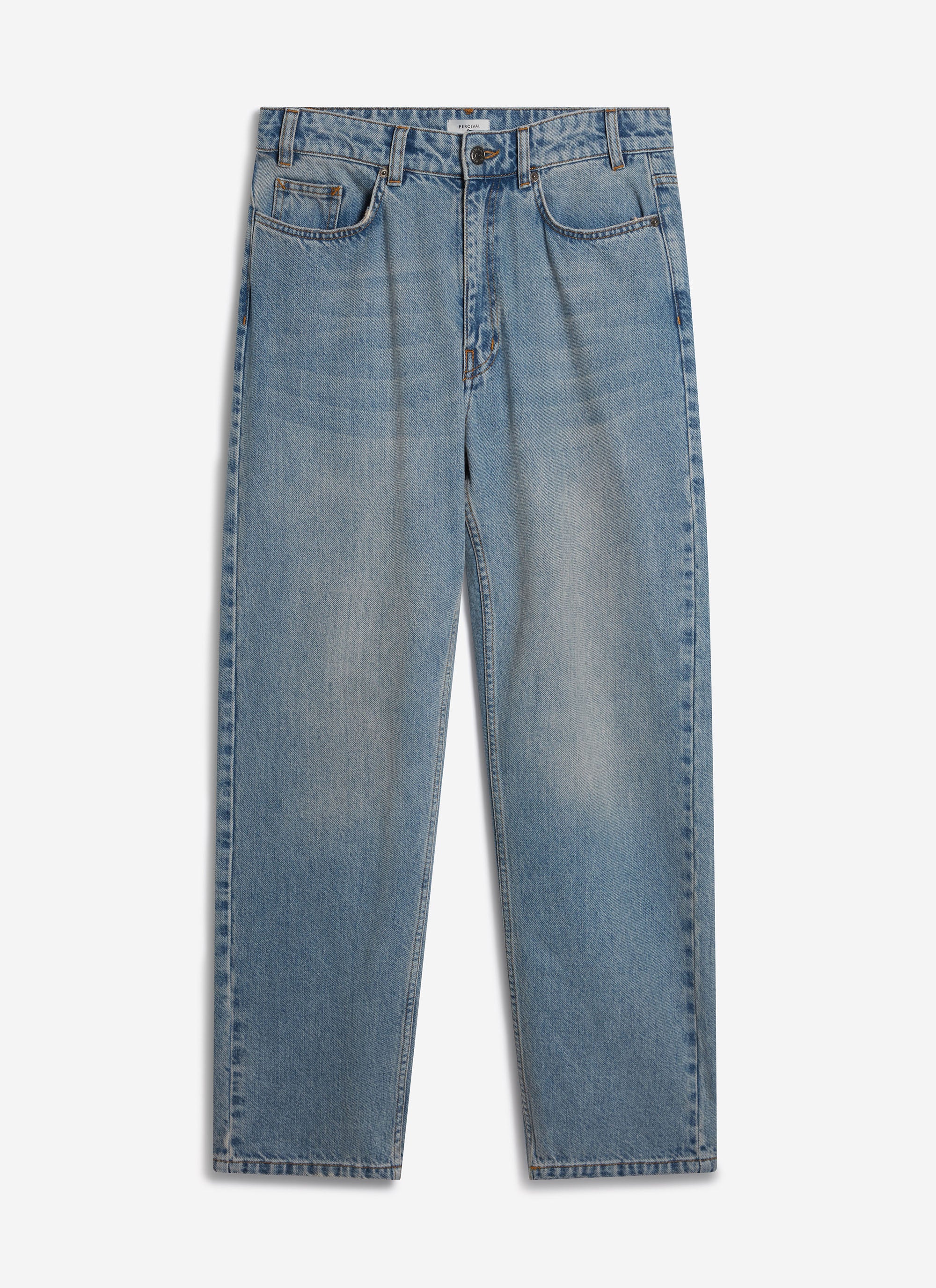 Percival Straight Leg Denim Jeans in stone wash, crafted from premium 12oz cotton and shown flat from the front.