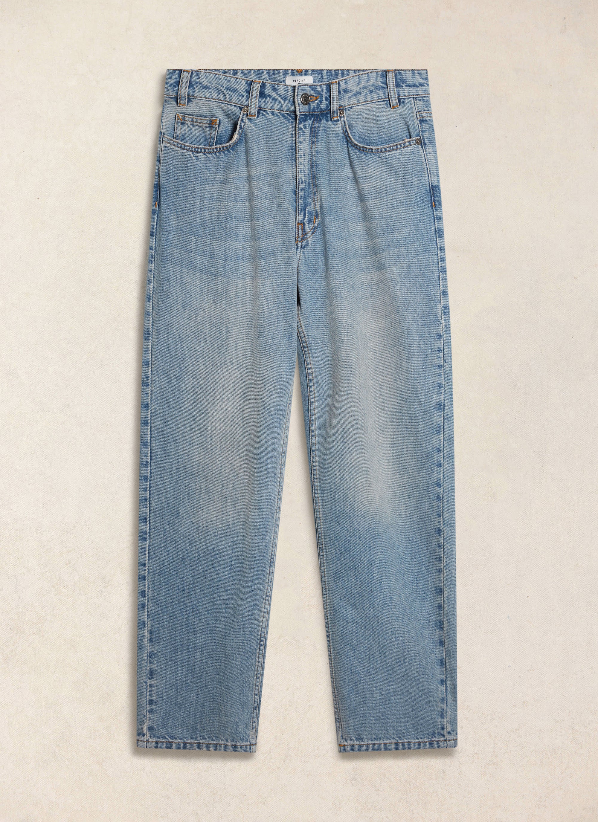 Percival straight leg denim jeans in stone wash cotton, shown laid flat on a neutral background.