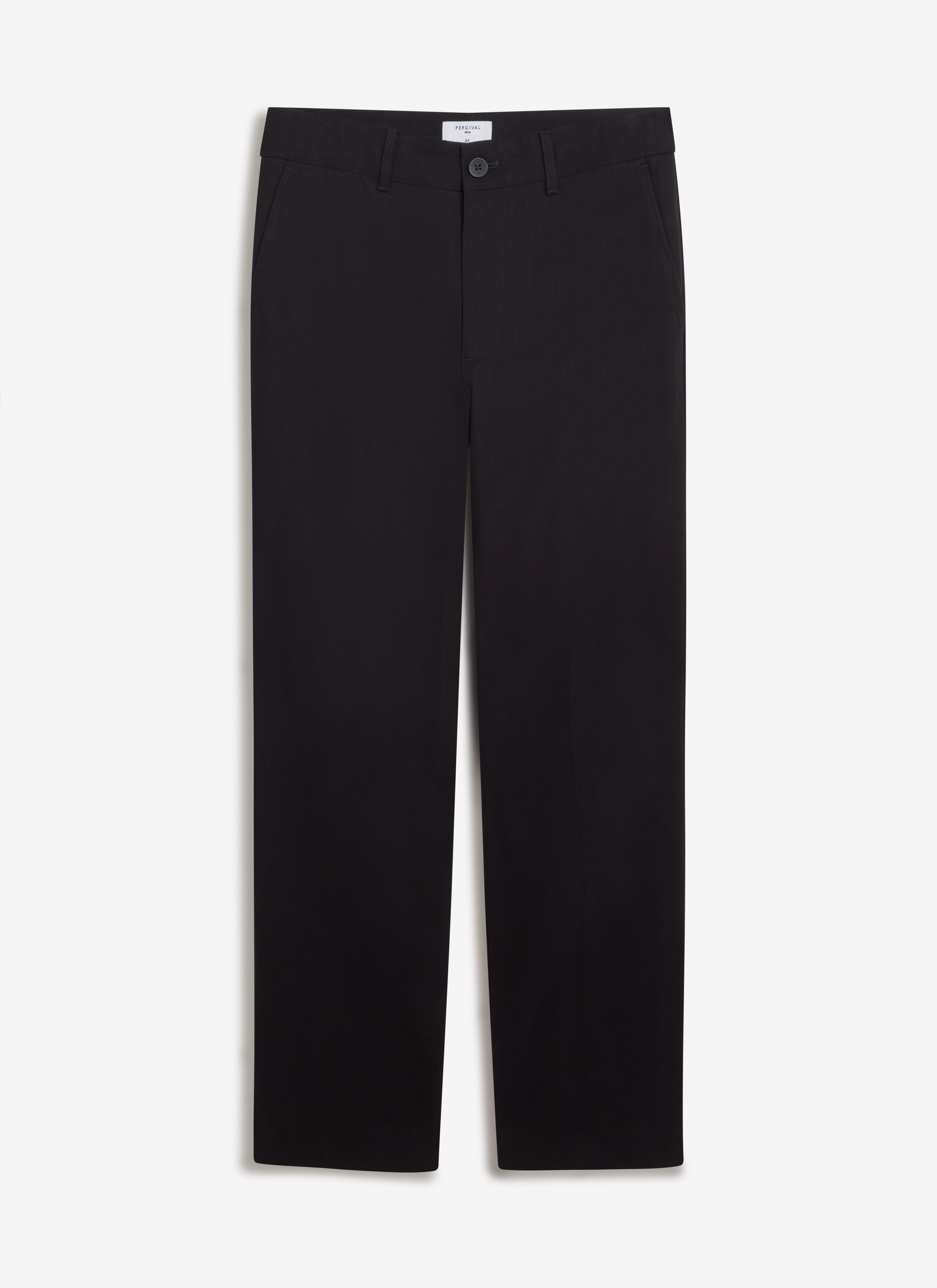 A flat lay of the Percival Straight Leg Chino trousers in black cotton against a white background.