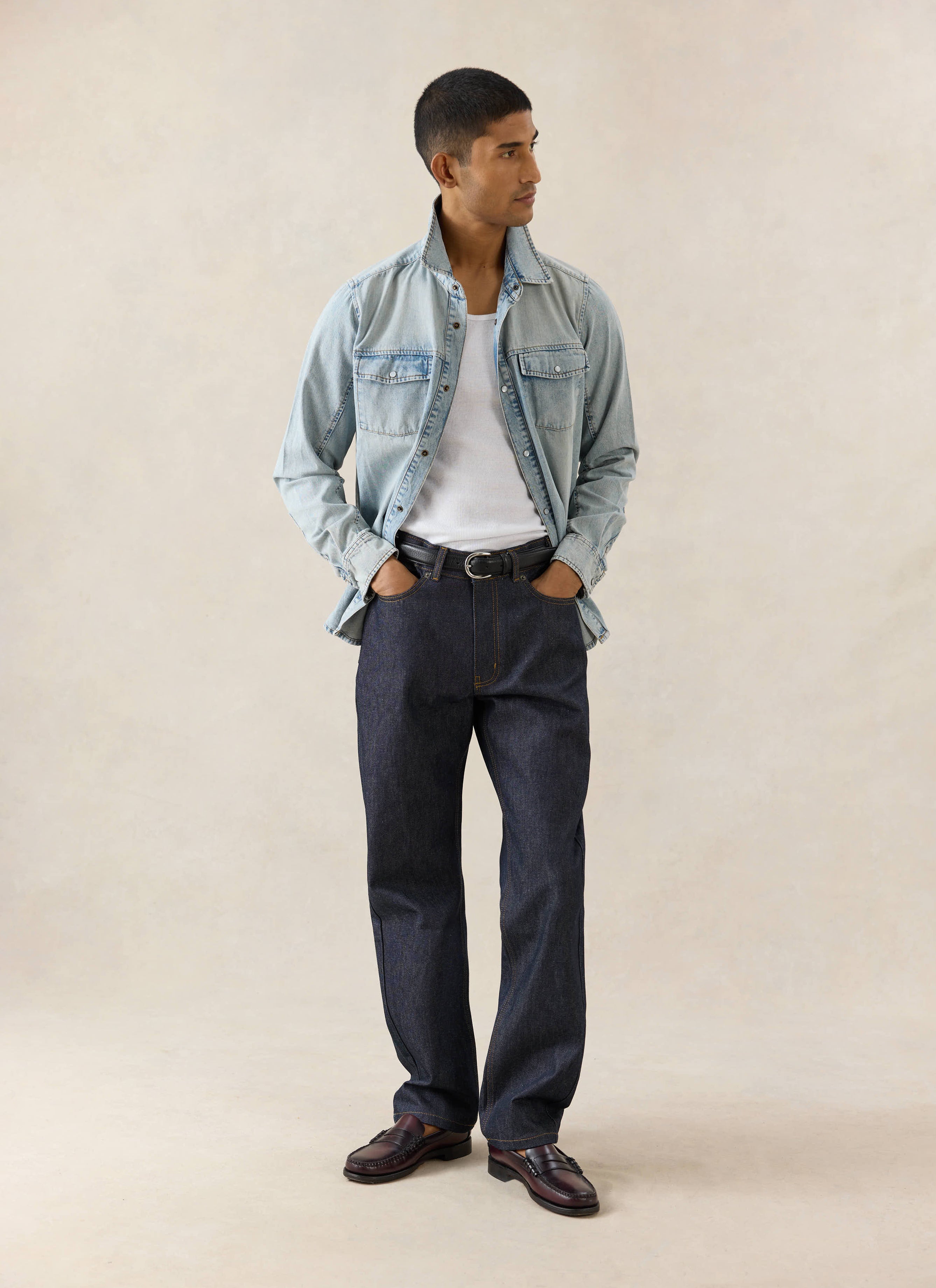 Raw Percival Straight Leg Heritage Jeans styled with a light wash Western Shirt to create a structured Canadian tuxedo.