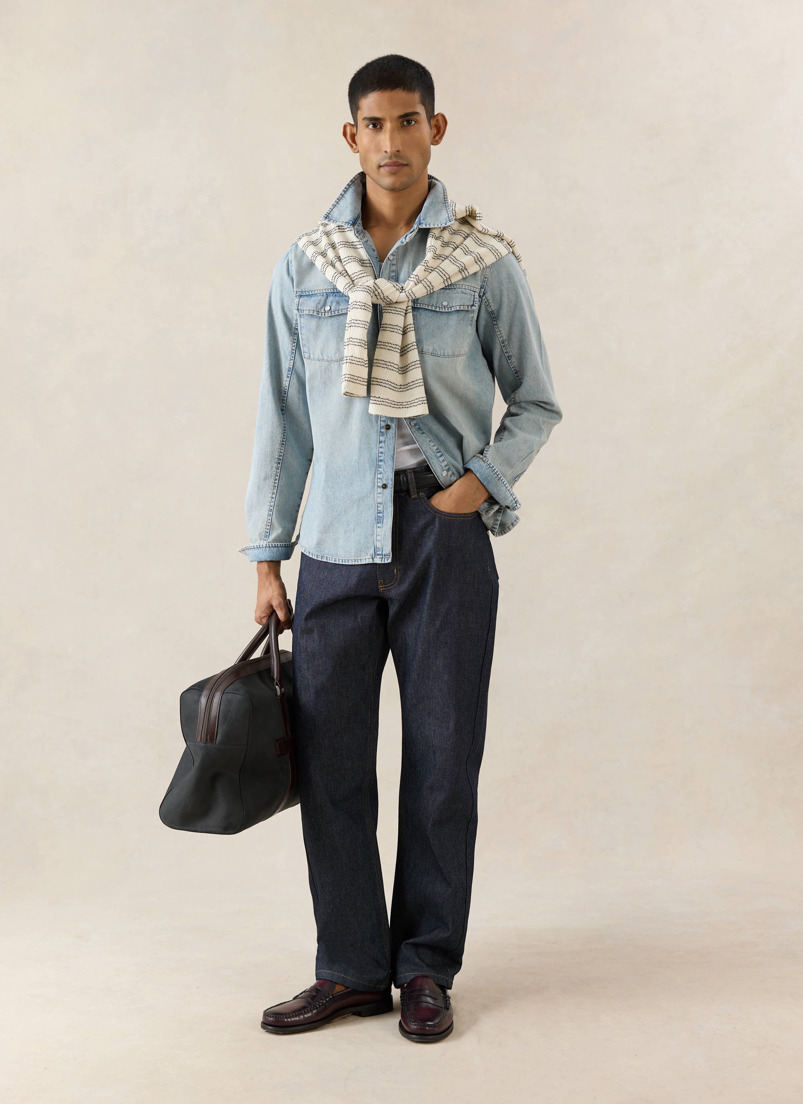 Percival Straight Leg Heritage Jeans in raw 14oz cotton denim, styled with a light wash western shirt and holdall.