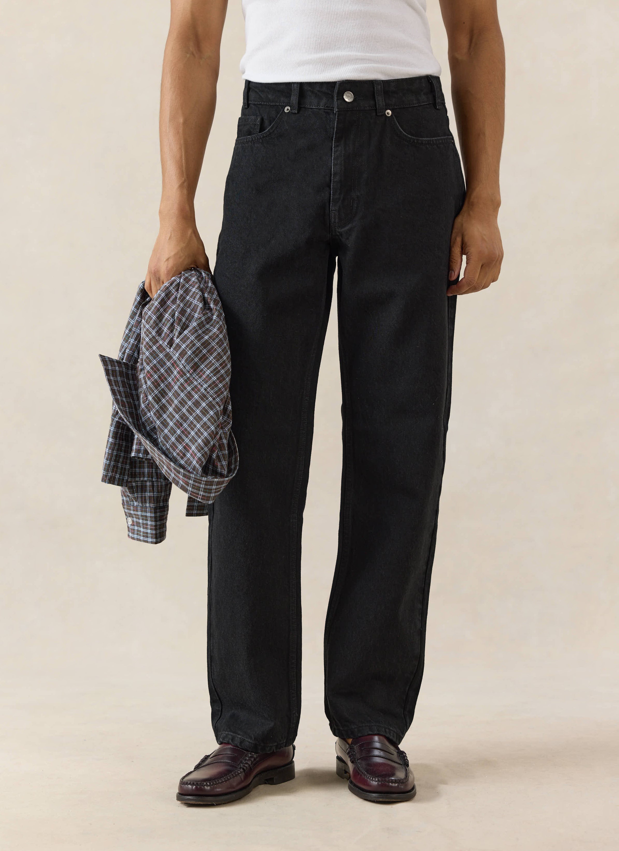 Percival black Heritage denim jeans in a straight-leg fit, made from structured 14oz cotton and worn with loafers.