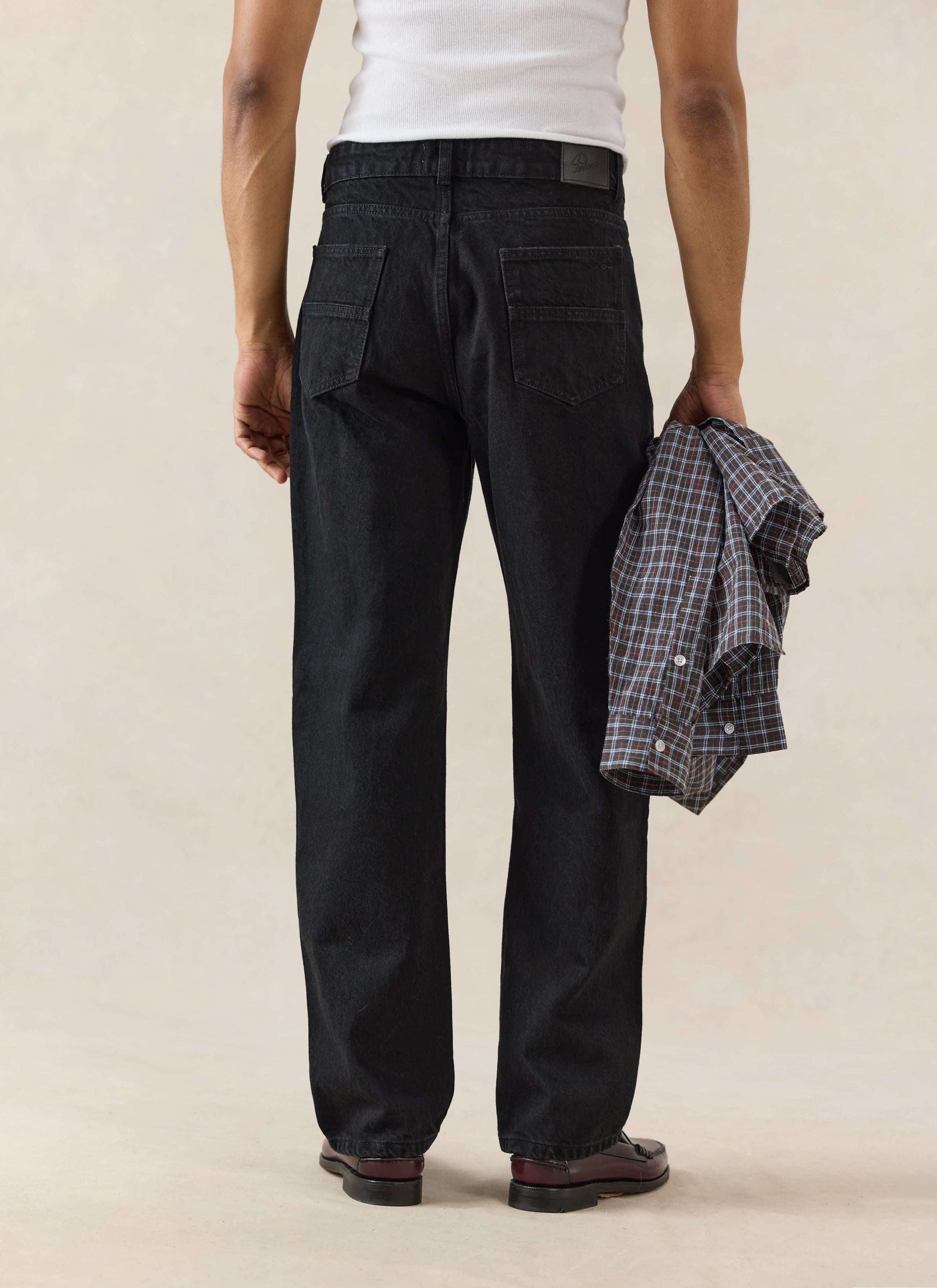 Black Percival Heritage Denim Jeans in heavy 14oz cotton, showing the structured straight-leg fit from behind.
