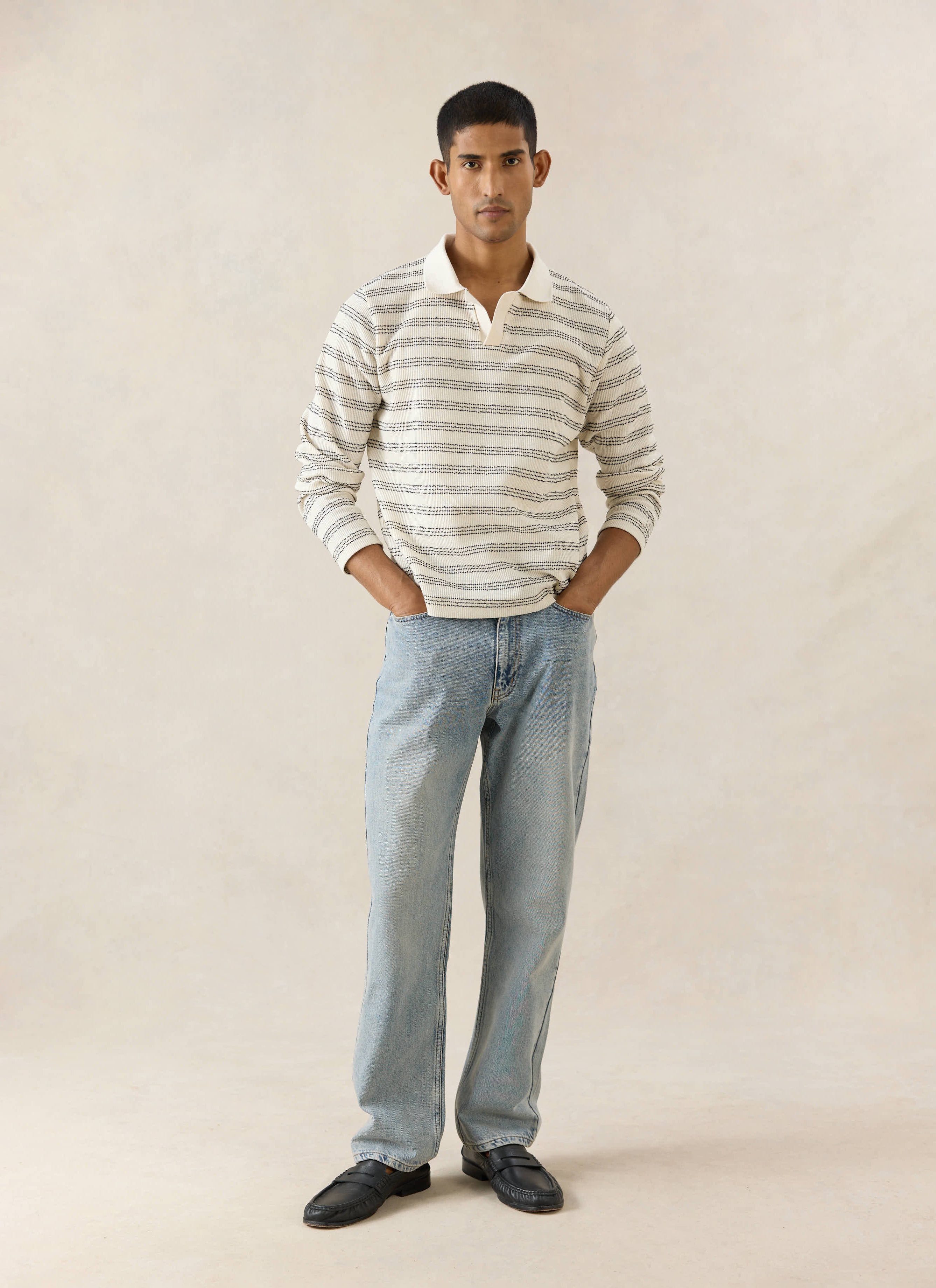 Percival stone wash straight leg denim jeans in 12oz cotton, worn with the Editor rugby polo.
