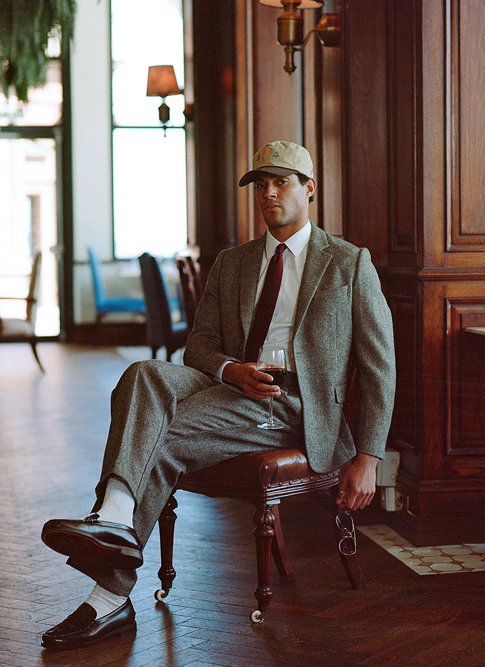 Percival Tailored Blazer, Blake Double Pleated Tailored Trousers and Grenadine Tie in Grey Birdseye Wool and Red Silk.