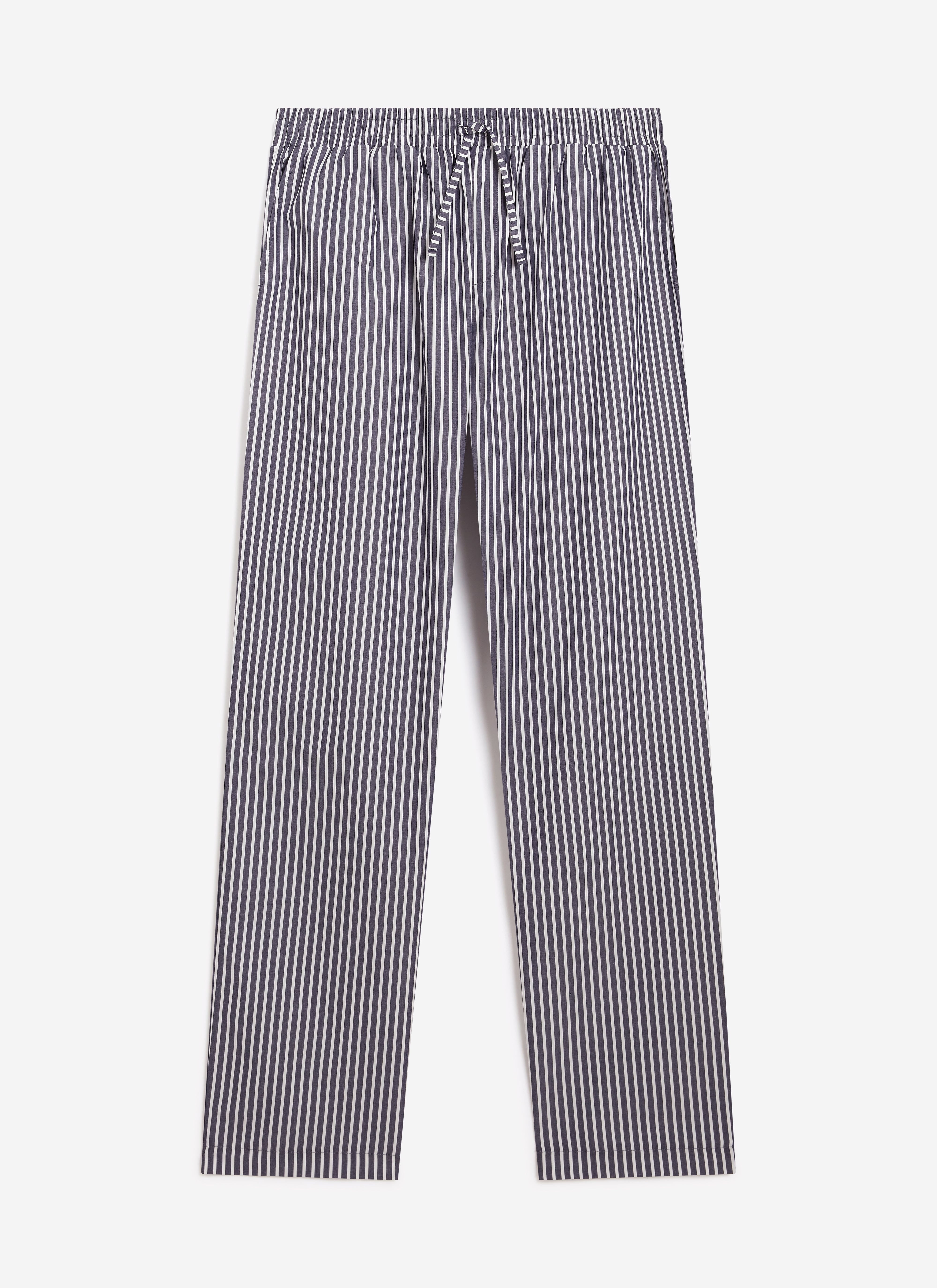 A studio shot of the blue and white striped cotton pyjama bottoms from Percival, featuring an elasticated drawstring waist.