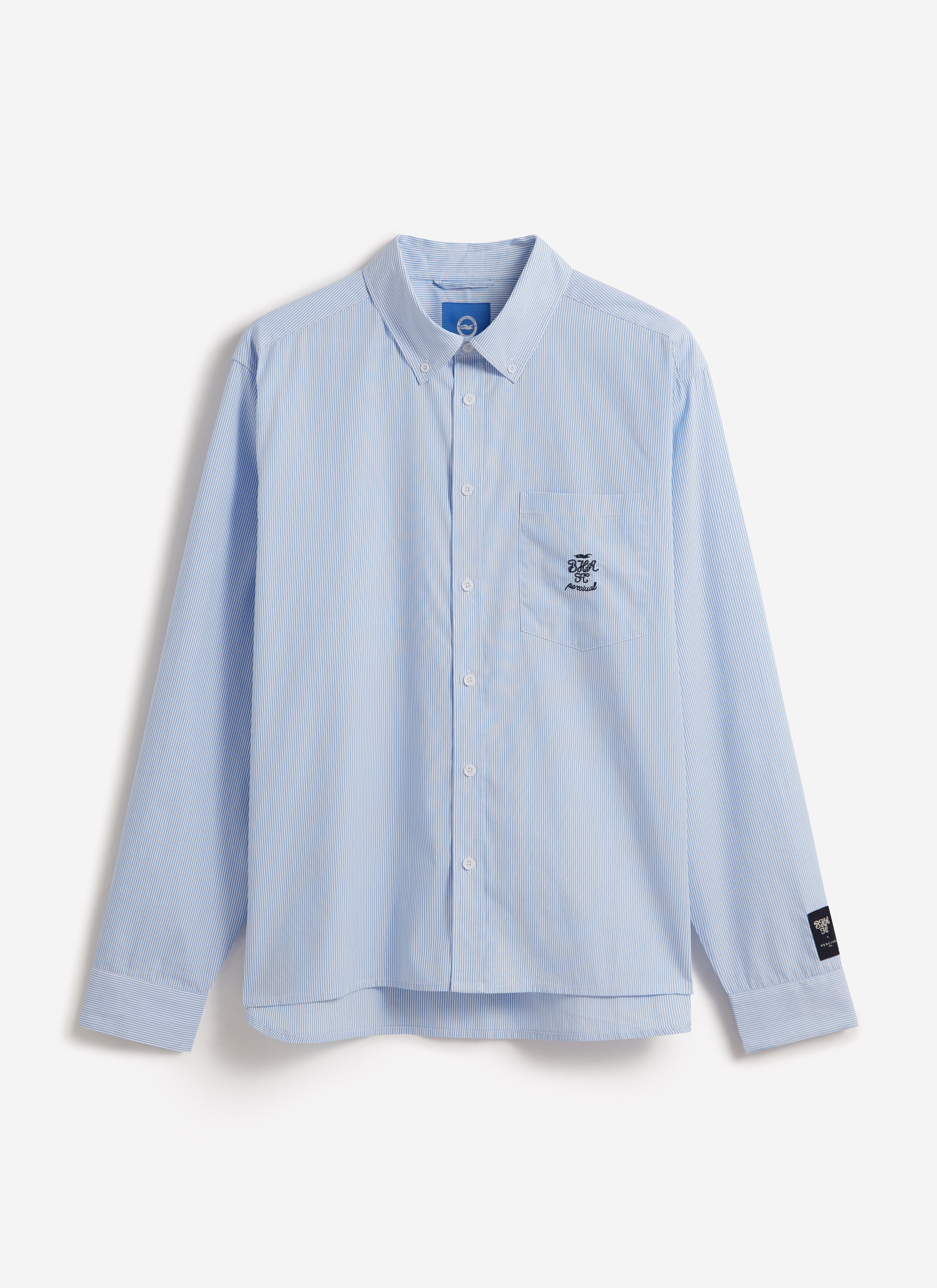 Front view of the Percival x Brighton & Hove Albion F.C. Striped Pearce long sleeve shirt in blue and white stripes.