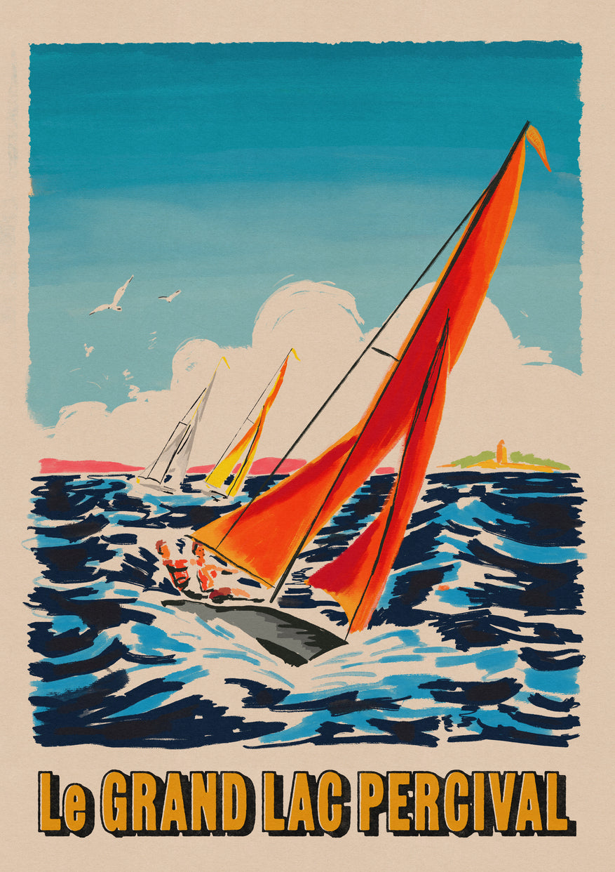 The Le Grand Lac Percival art print, a vintage-style illustration of a sailboat with vibrant orange sails on a lake.