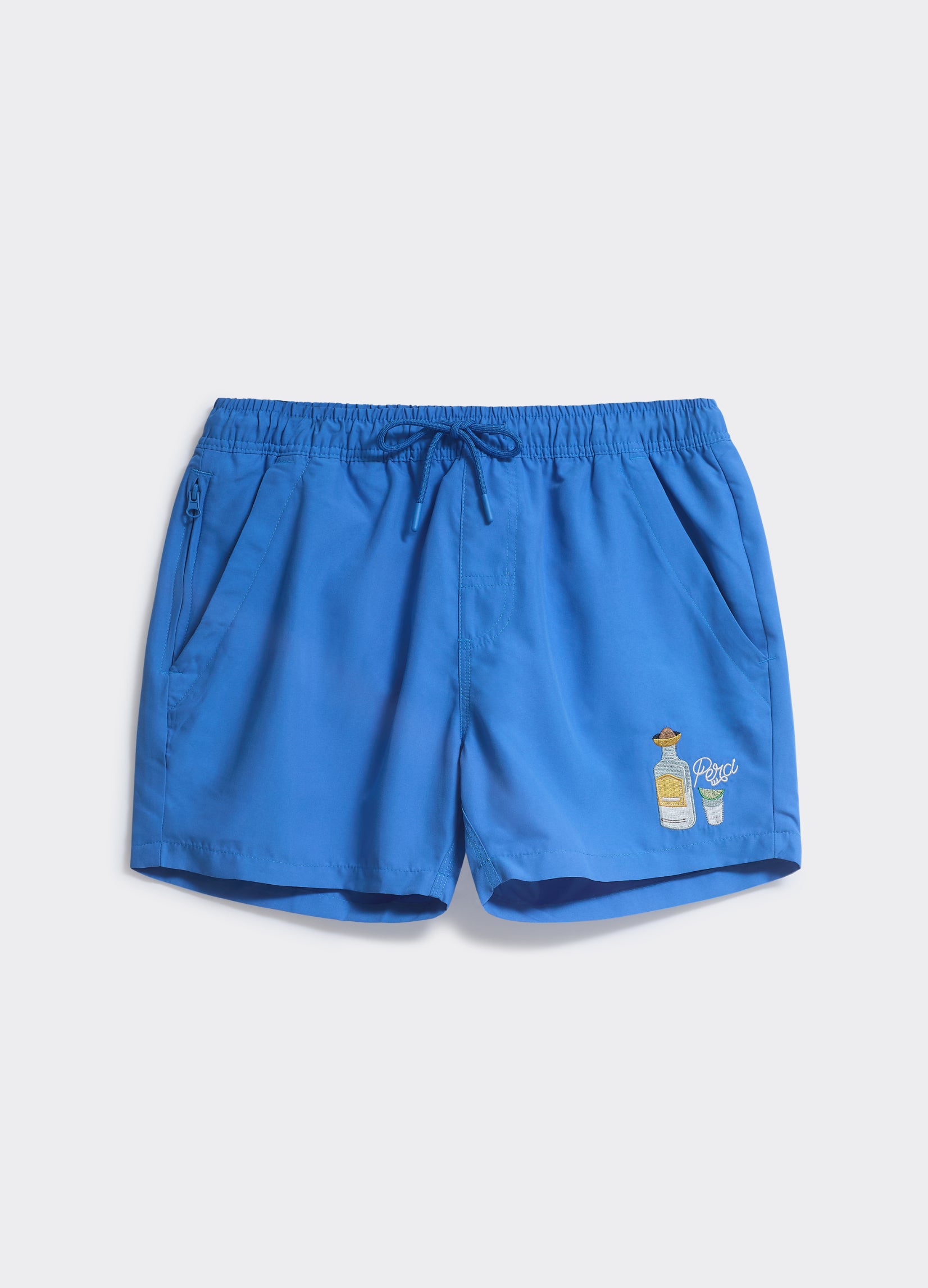 Blue Percival Tequila Bottle Shorts featuring an elasticated drawstring waist and bottle embroidery, shown laid flat.