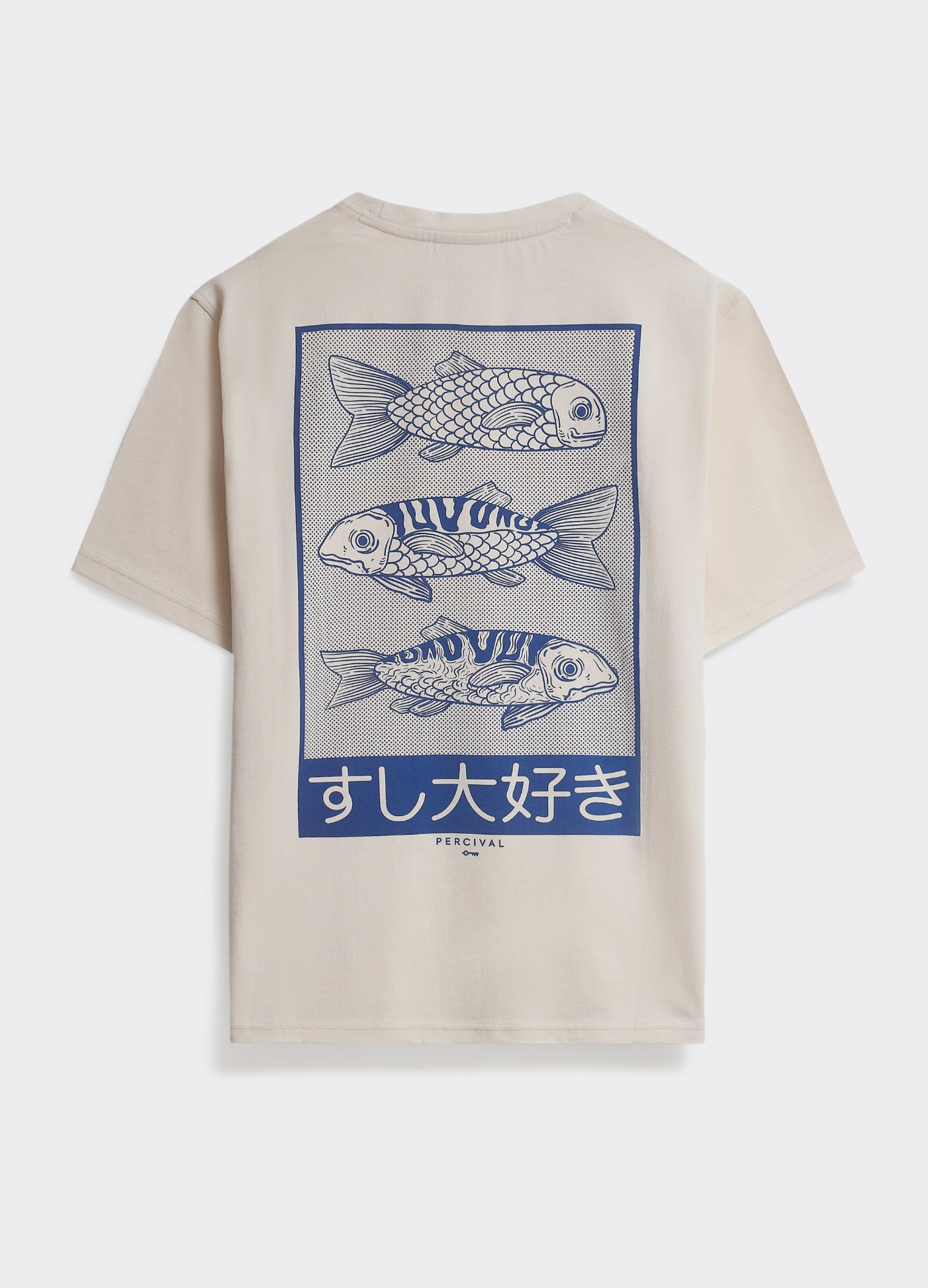 The off-white Percival Tokyo T-Shirt, featuring a large blue fish graphic and Japanese text on the back.