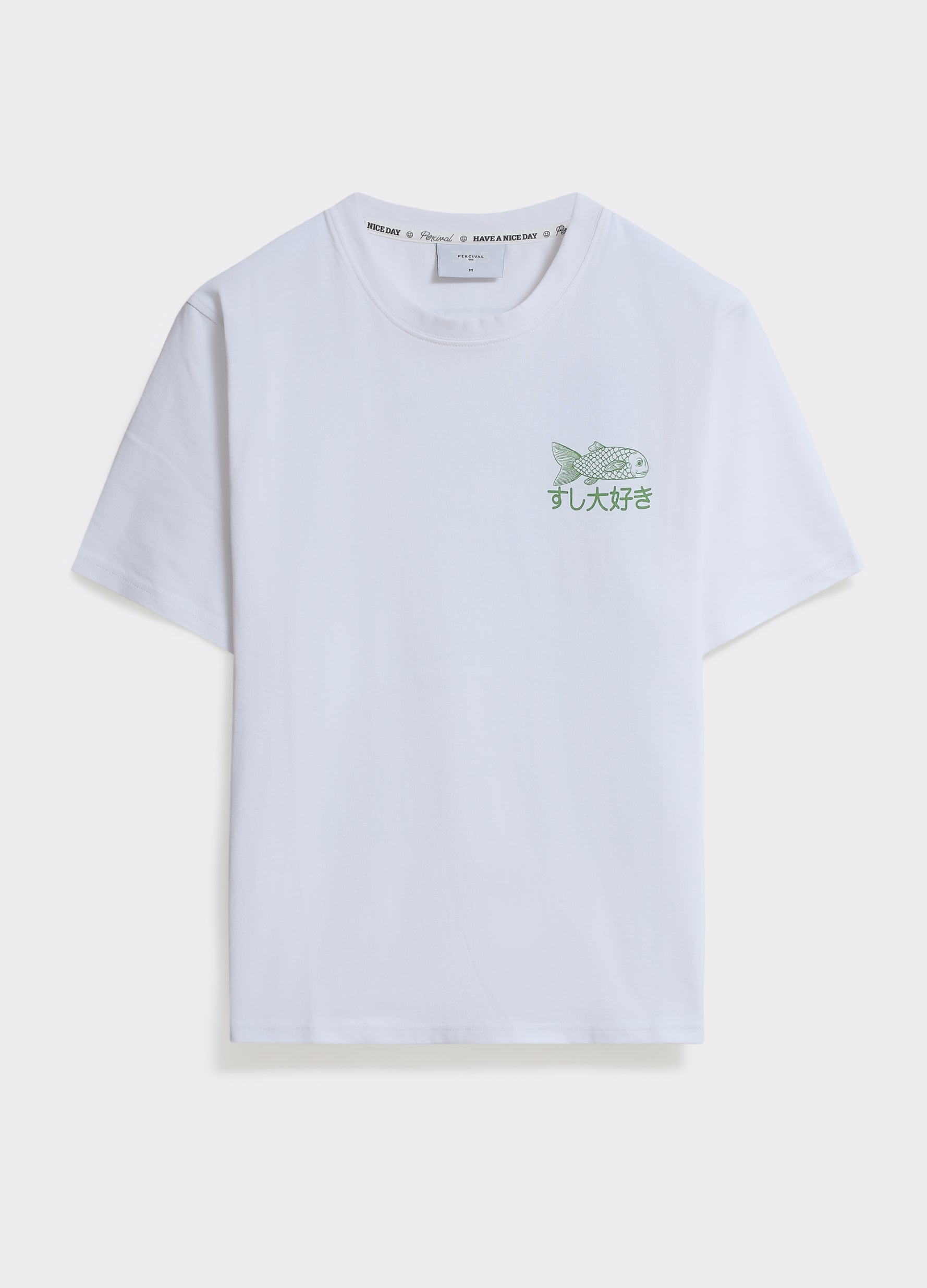 The Percival Tokyo T-shirt in optic white, featuring a green Japanese fish motif on a soft cotton jersey crew neck.