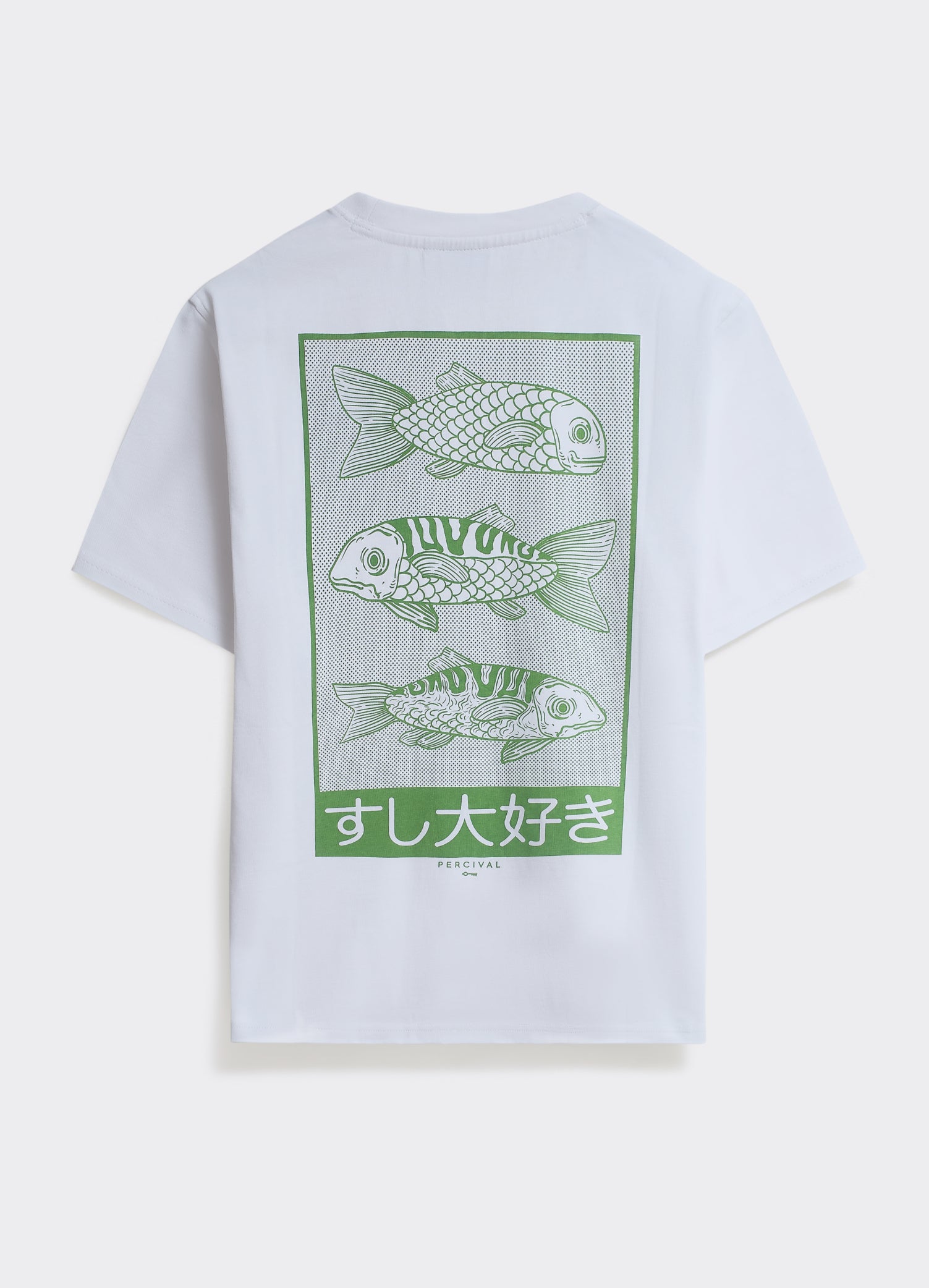 Optic white Percival Tokyo T-shirt in soft cotton, featuring a large green back graphic with Japanese fish motifs.