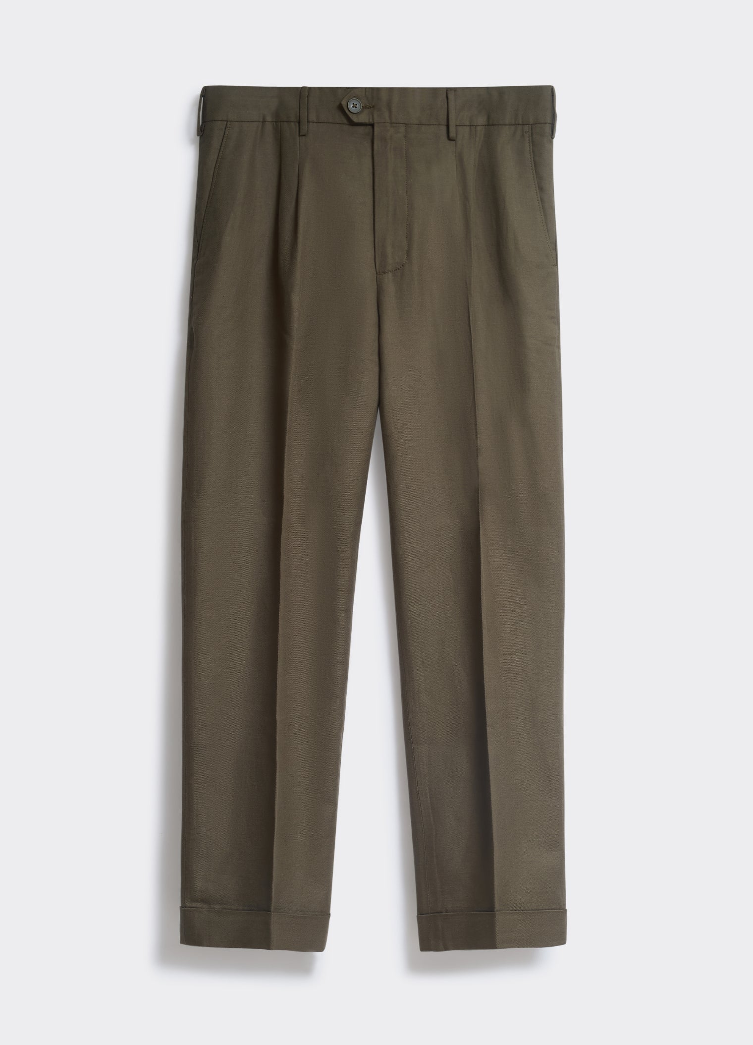 Khaki Percival twin pleated linen trousers with a tailored silhouette and front pleat details, on a light background.