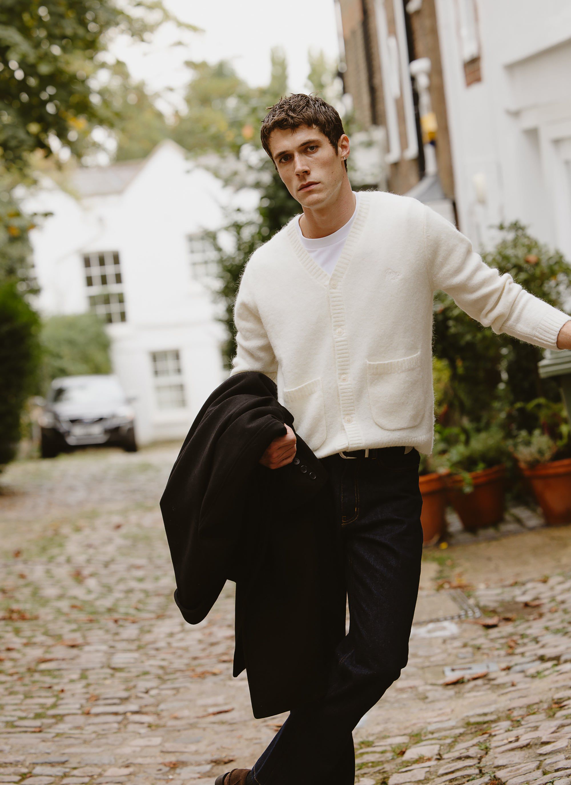 Men's Cream Mohair Cardigan | White Glove | Percival Menswear