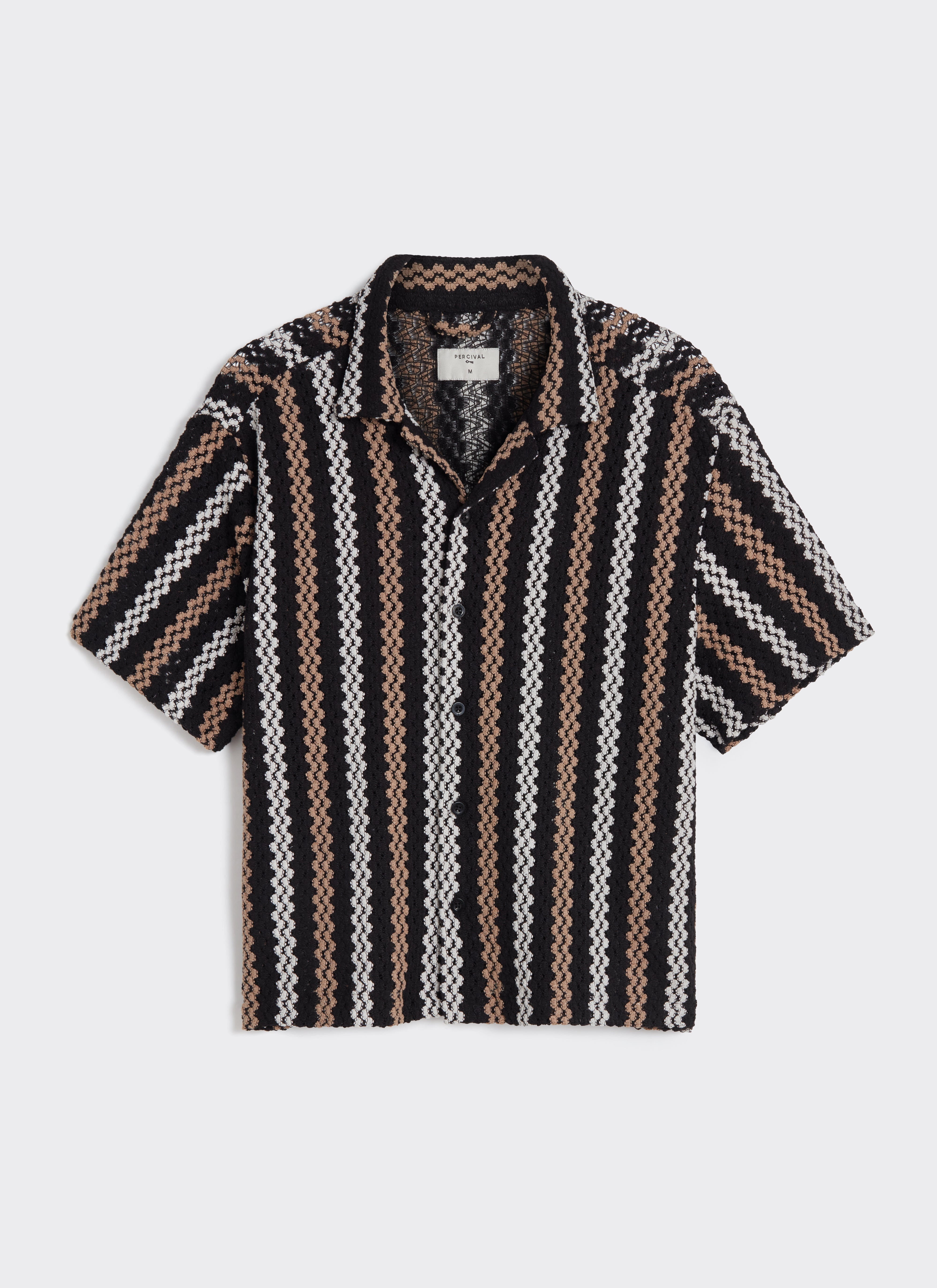 Front view of the Percival Wade Crochet Boxy Shirt in black, featuring textured vertical stripes and a revere collar.