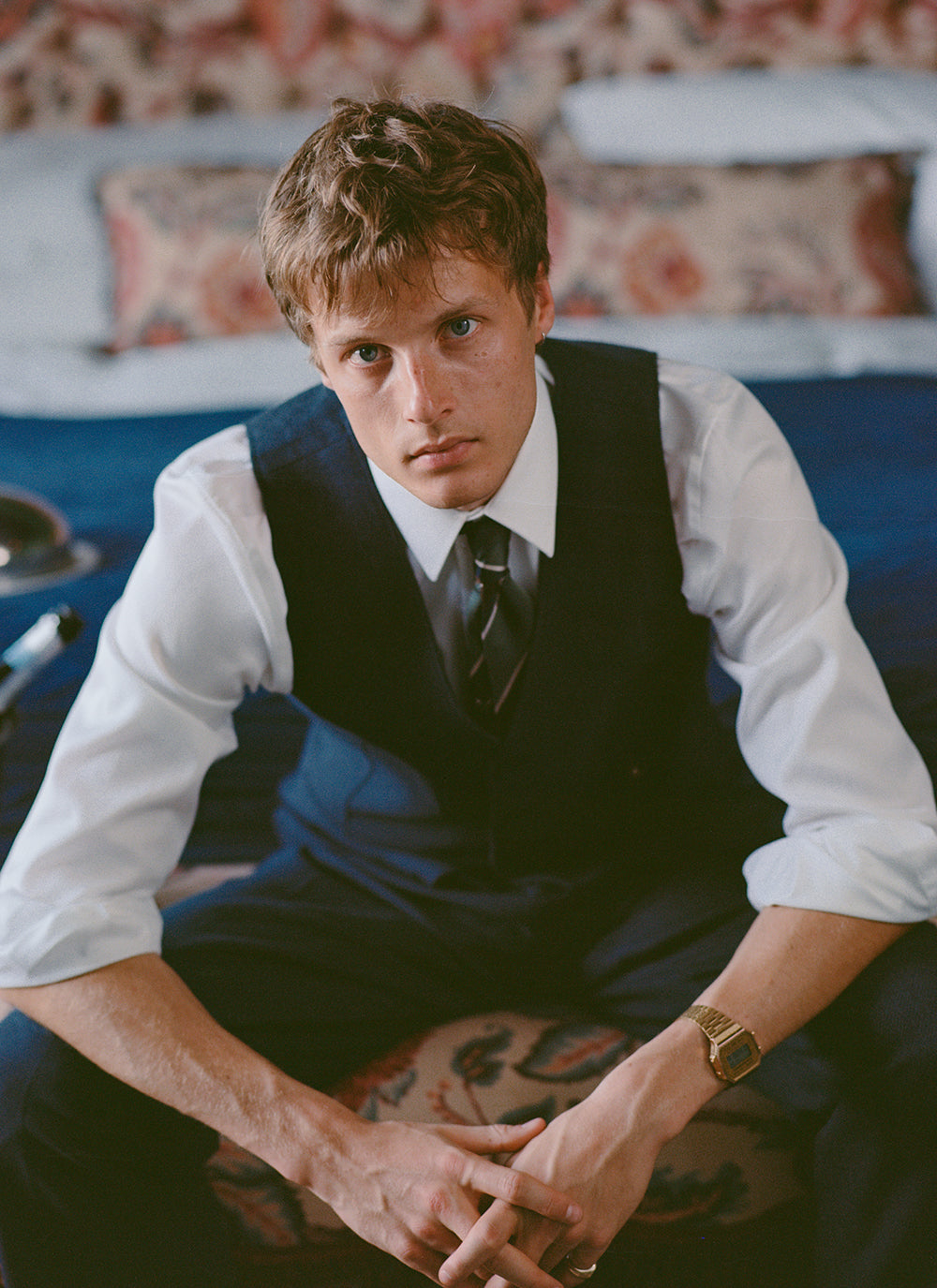 Navy with a white shirt and tie.