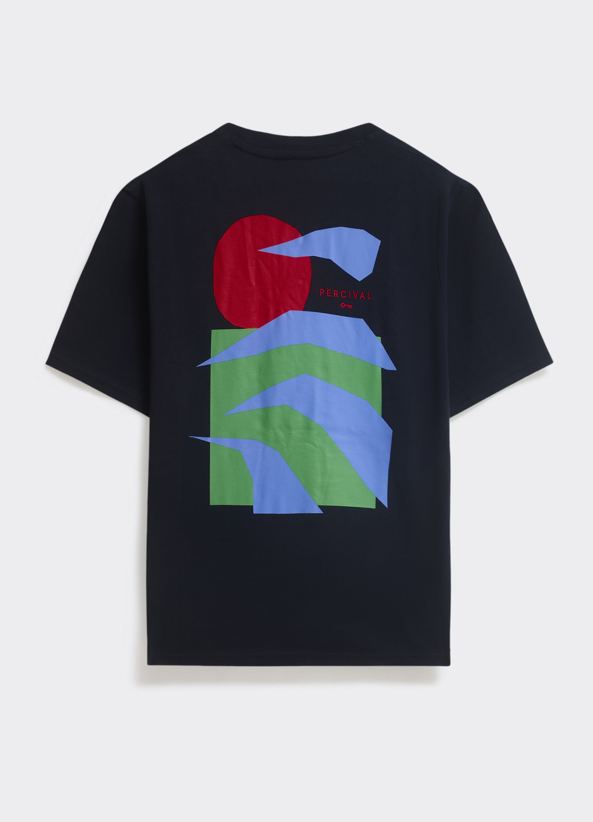 The navy Percival Waves T-shirt, featuring a large abstract sun and sea graphic in red, green and blue on the back.