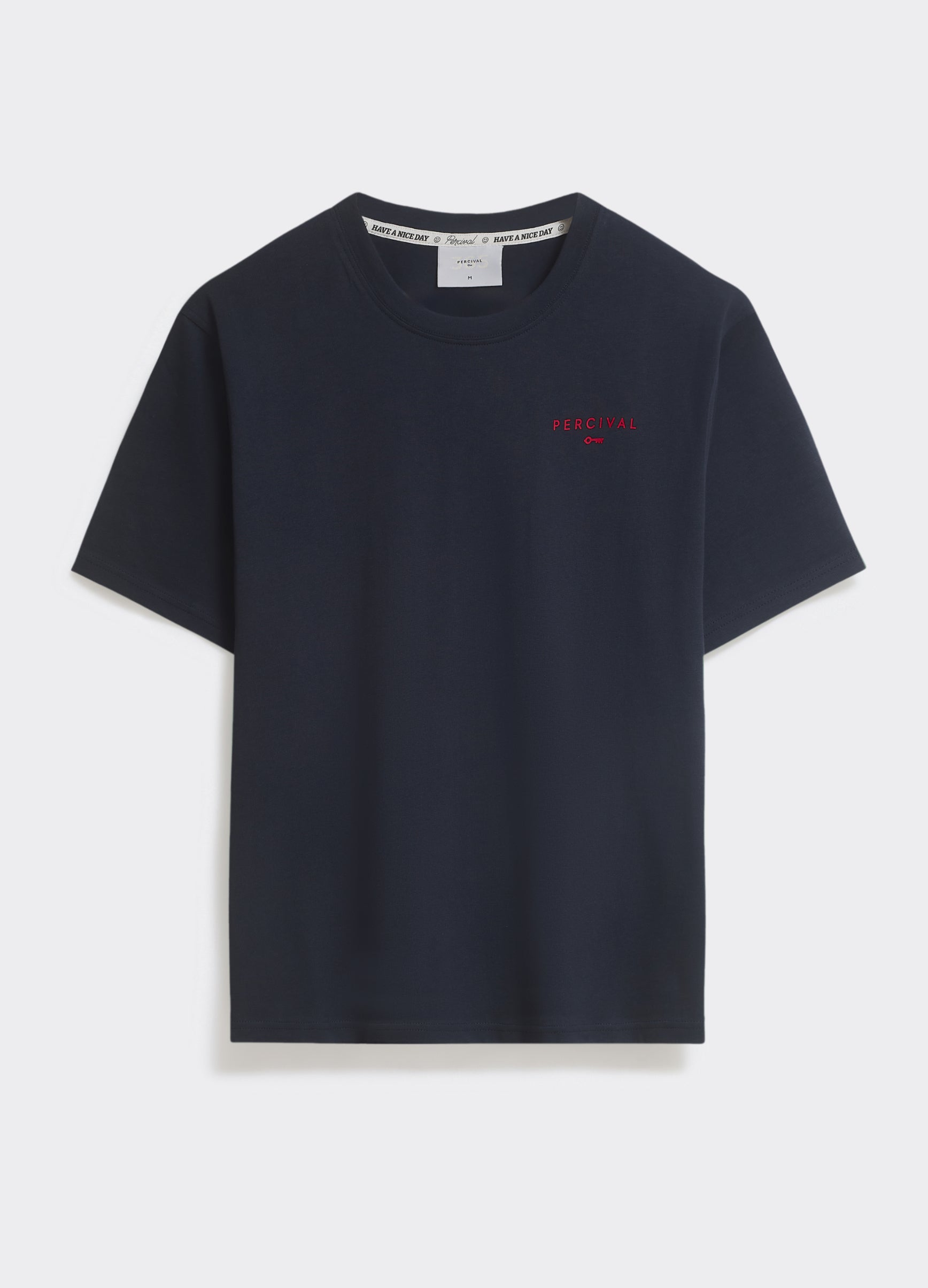 The Percival Waves T Shirt in navy, a cotton jersey crew neck with a red embroidered chest logo, shown flat.