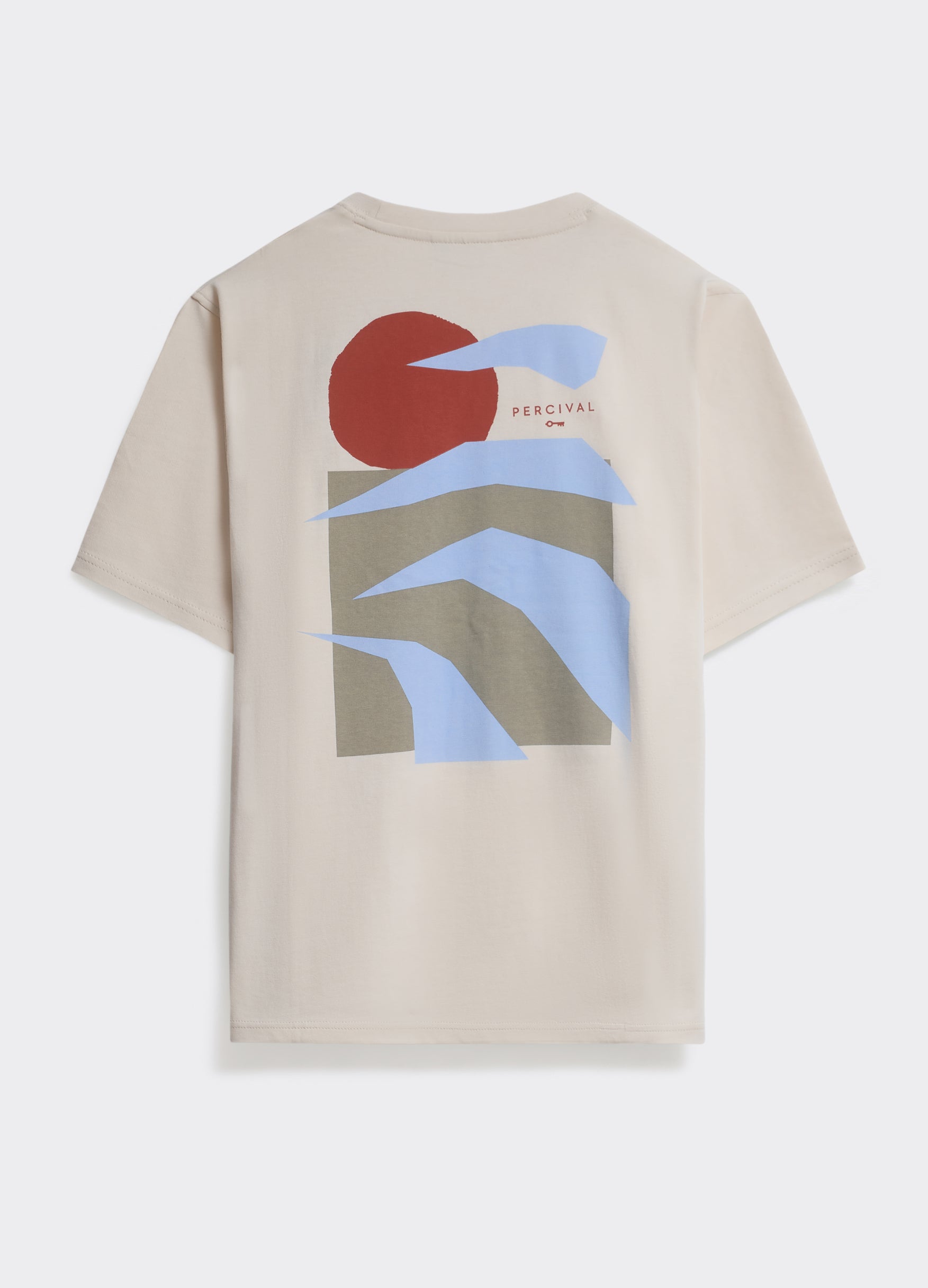 The Percival Waves T-Shirt in off white jersey, featuring a large abstract back graphic with blue waves and a red sun.