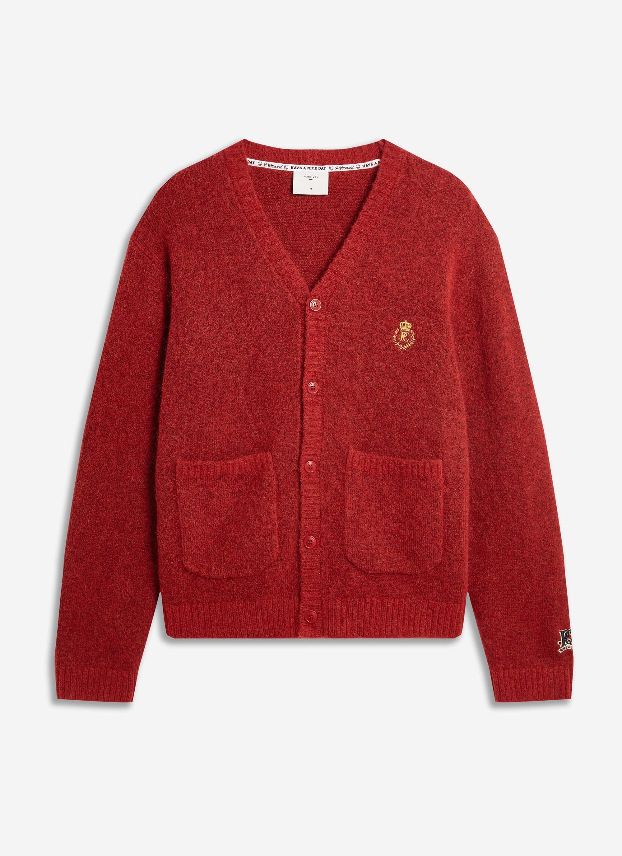 The red Champion x Percival White Glove Knitted Cardigan in a wool-mohair blend, laid flat against a white background.